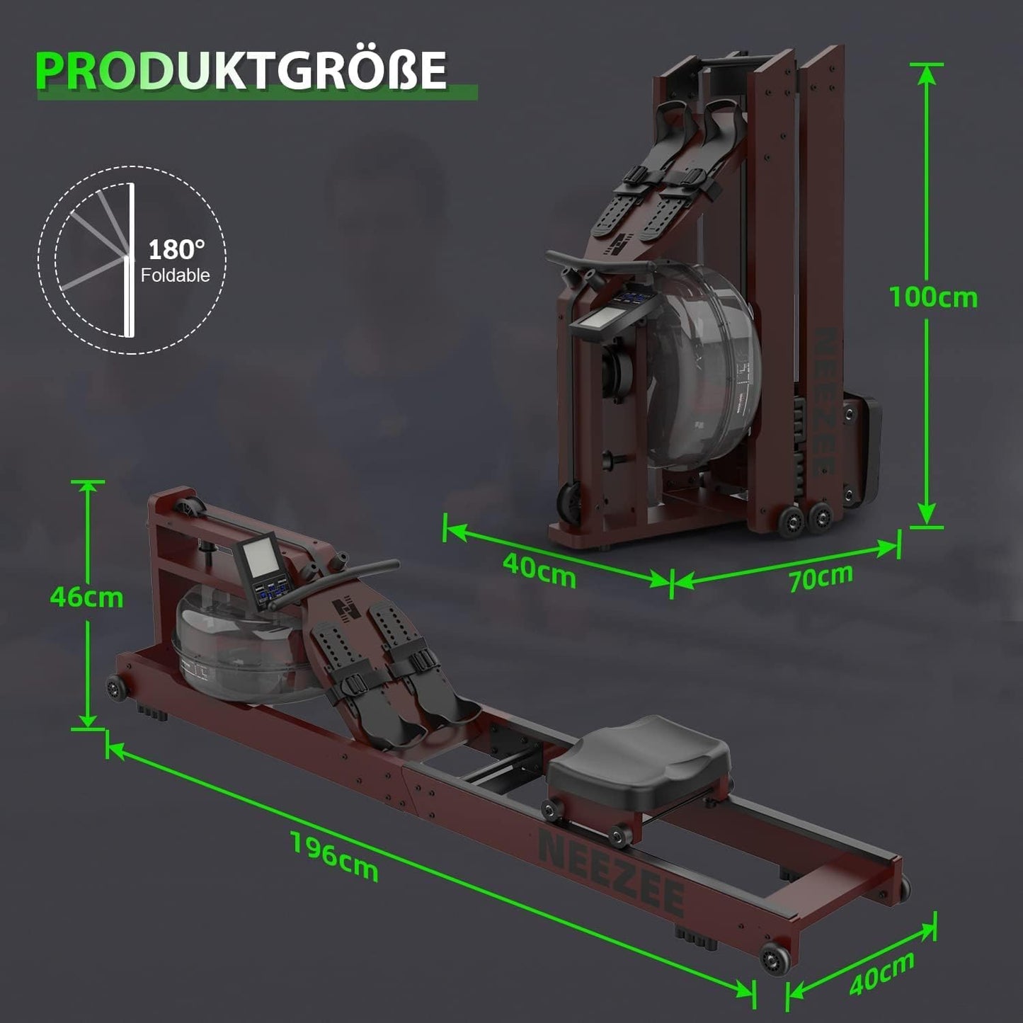 Neezee Wasser Rudergerät, Klappbar, Massivholz, Bluetooth Anzeige, Tablet-Halterung, 200KG Belastbar, Kinomap APP