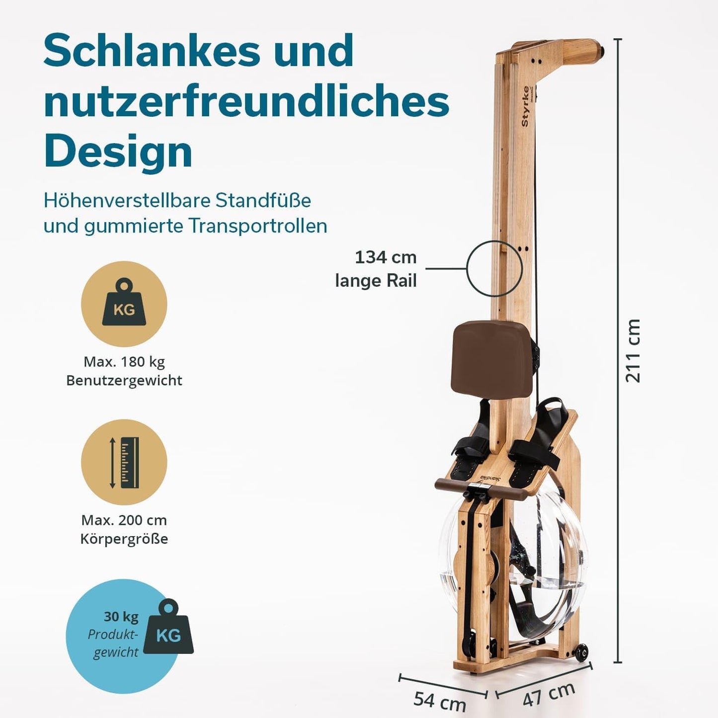 Skandika Wasserrudergerät Styrke Premium, Made in Germany, Holz, Kinomap, bis 180 kg, naturnahes Rudern