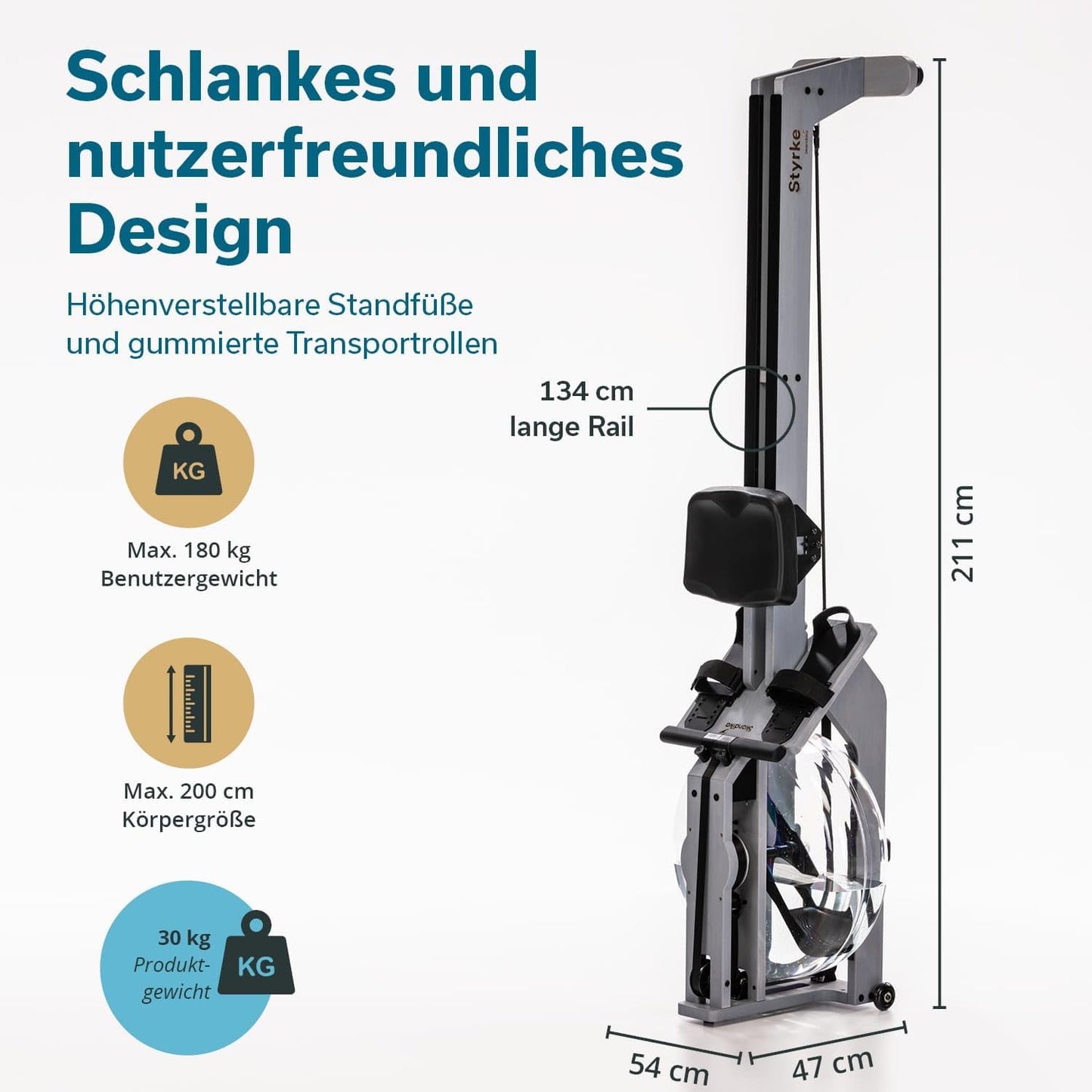 Skandika Wasserrudergerät Styrke Premium, Made in Germany, Holz, Kinomap, bis 180 kg, naturnahes Rudern