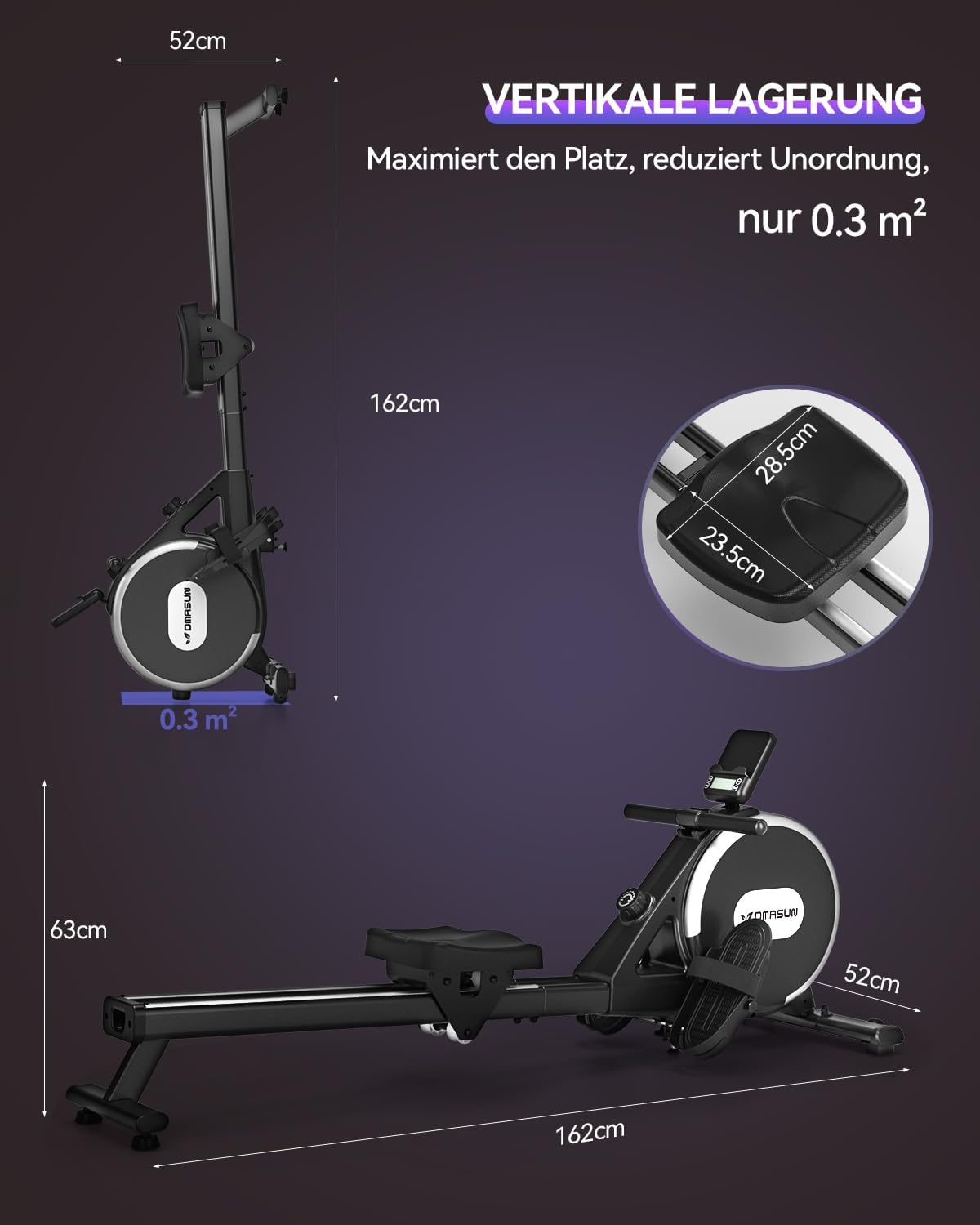 DMASUN Rudergerät, Magnetisch, Doppel-Slide-Rails, APP-Verbindung, 16 Widerstandsstufen, LCD, 160kg Belastbar