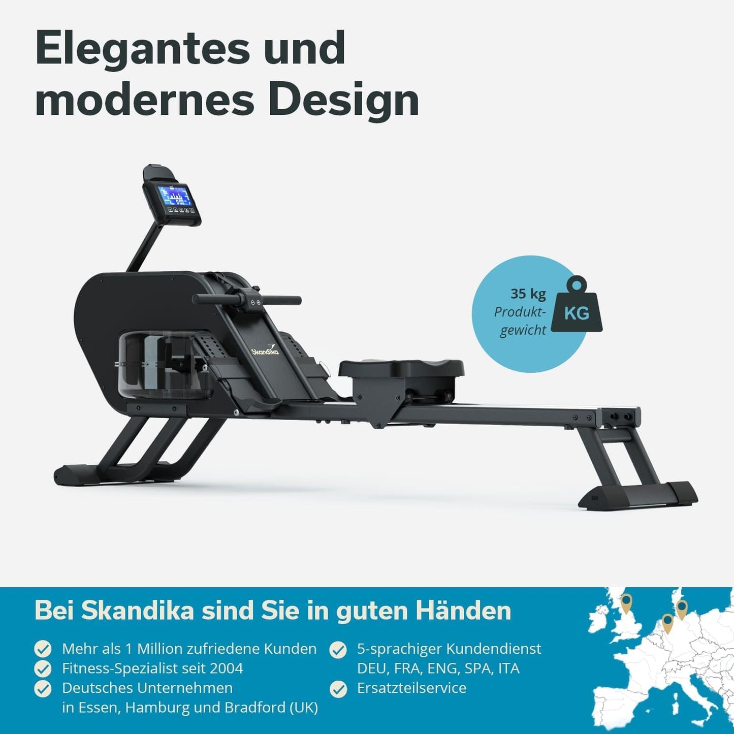 Skandika Rudergerät Nemo II/III, Wasser- & Magnetwiderstand, 32 Stufen, App-kompatibel, bis 200 cm, aufstellbar