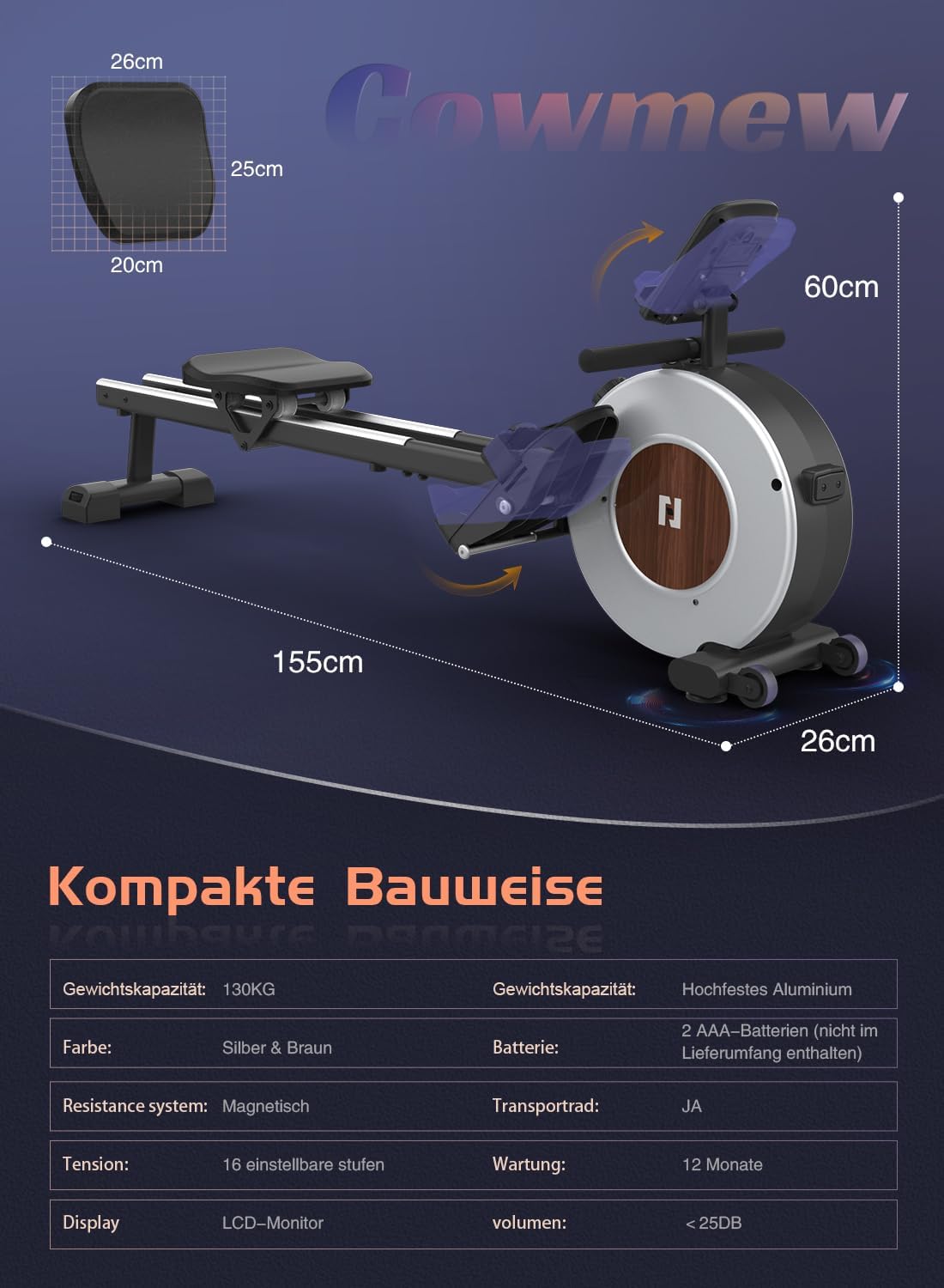 Magnetisches Rudergerät für Zuhause, 16 Widerstandsstufen, Doppel-Slide-Rails, LCD-Monitor, Leise, Vertikale Aufbewahrung