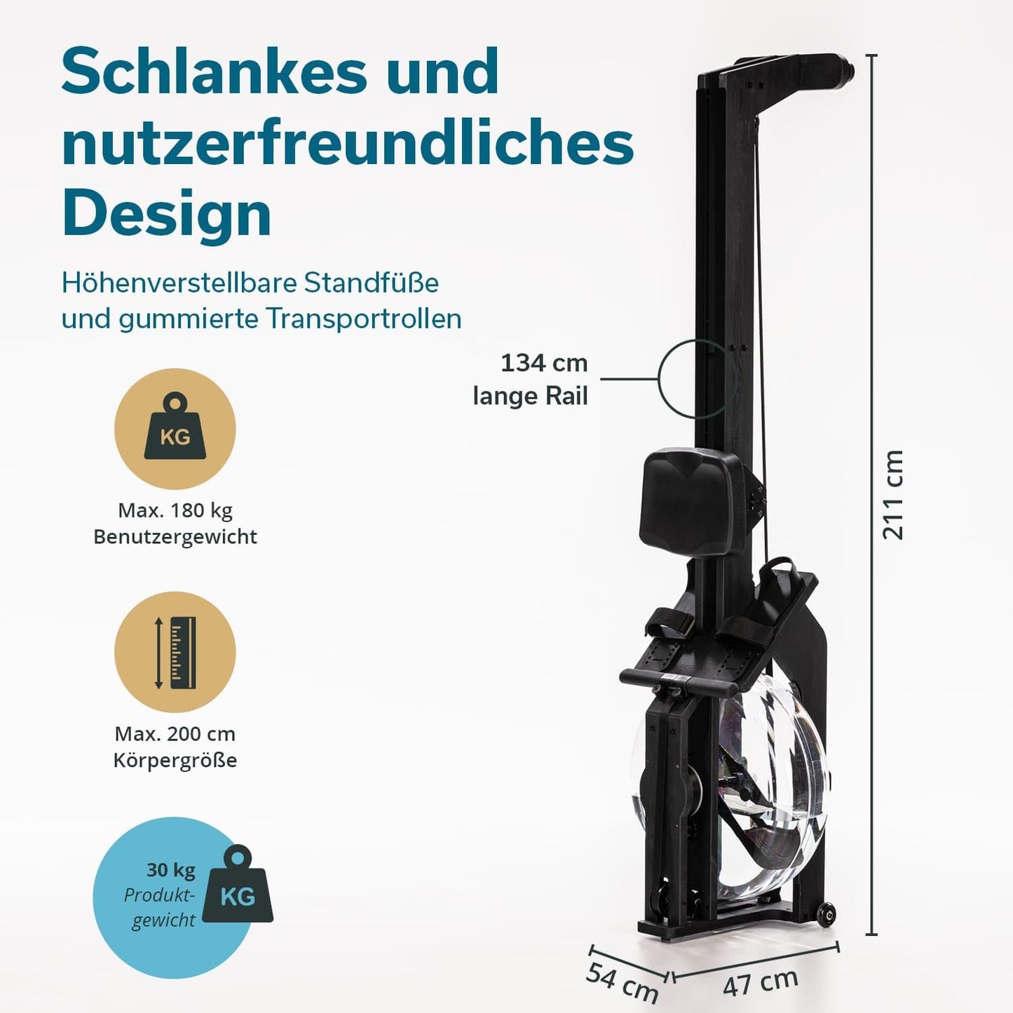 Skandika Wasserrudergerät Styrke Premium, Made in Germany, Holz, Kinomap, bis 180 kg, naturnahes Rudern