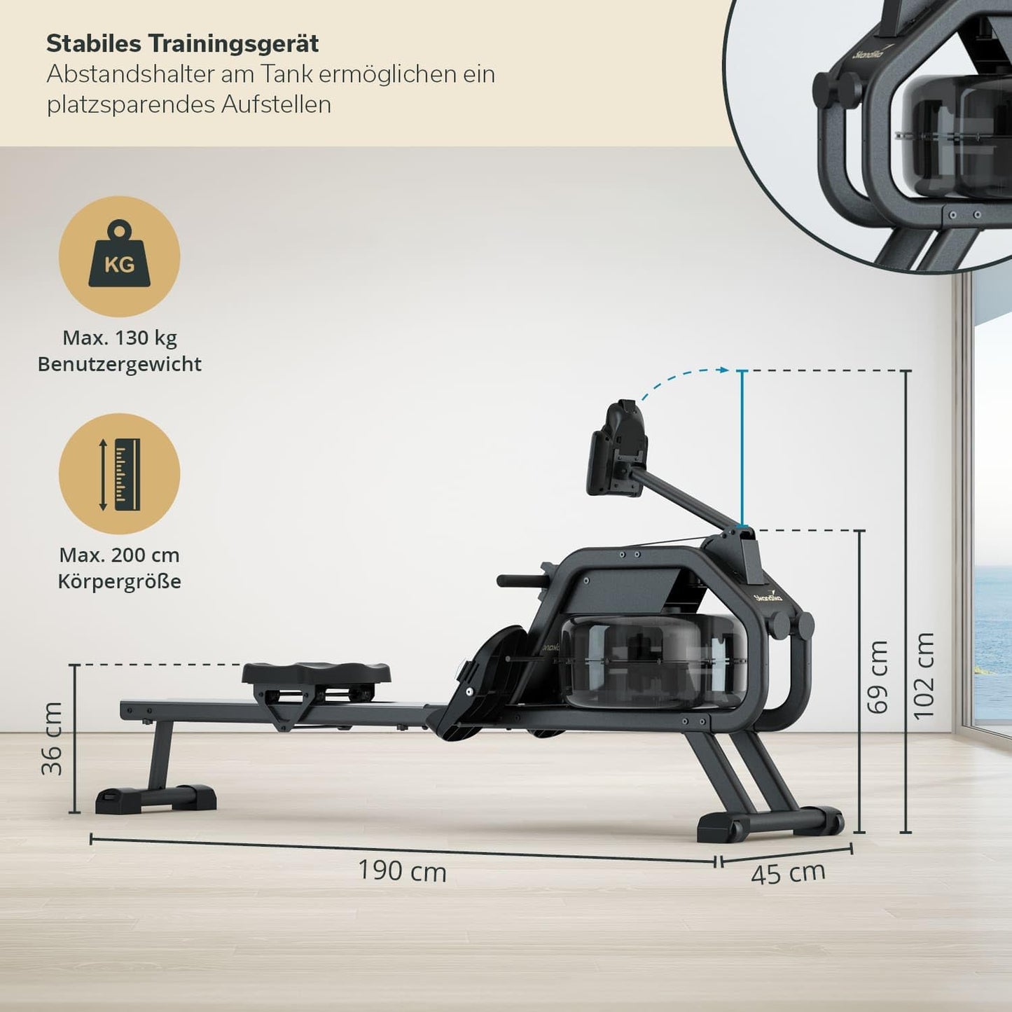 Skandika Rudergerät Nemo II/III Hybrid, Wasser- & Magnetwiderstand, 32 Stufen, App-kompatibel, bis 200 cm, aufstellbar