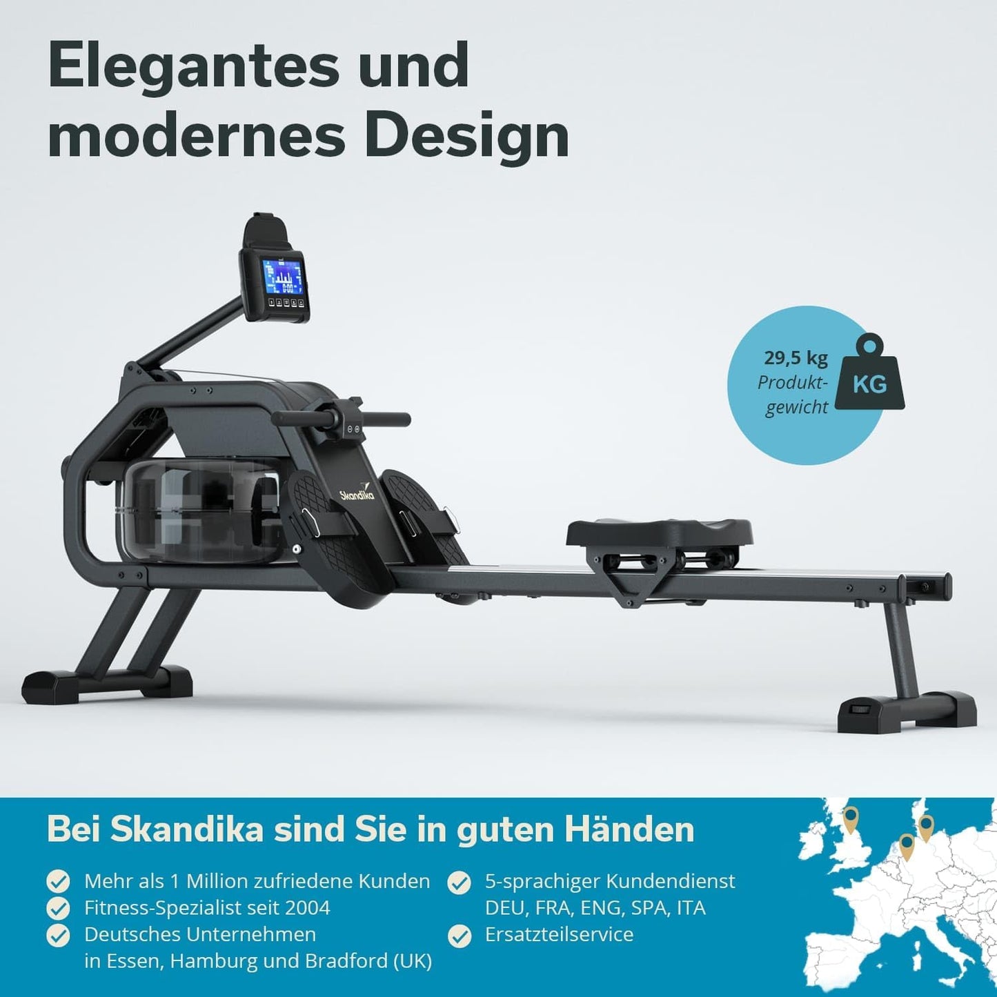 Skandika Rudergerät Nemo II/III, Wasser- & Magnetwiderstand, 32 Stufen, App-kompatibel, bis 200 cm, aufstellbar