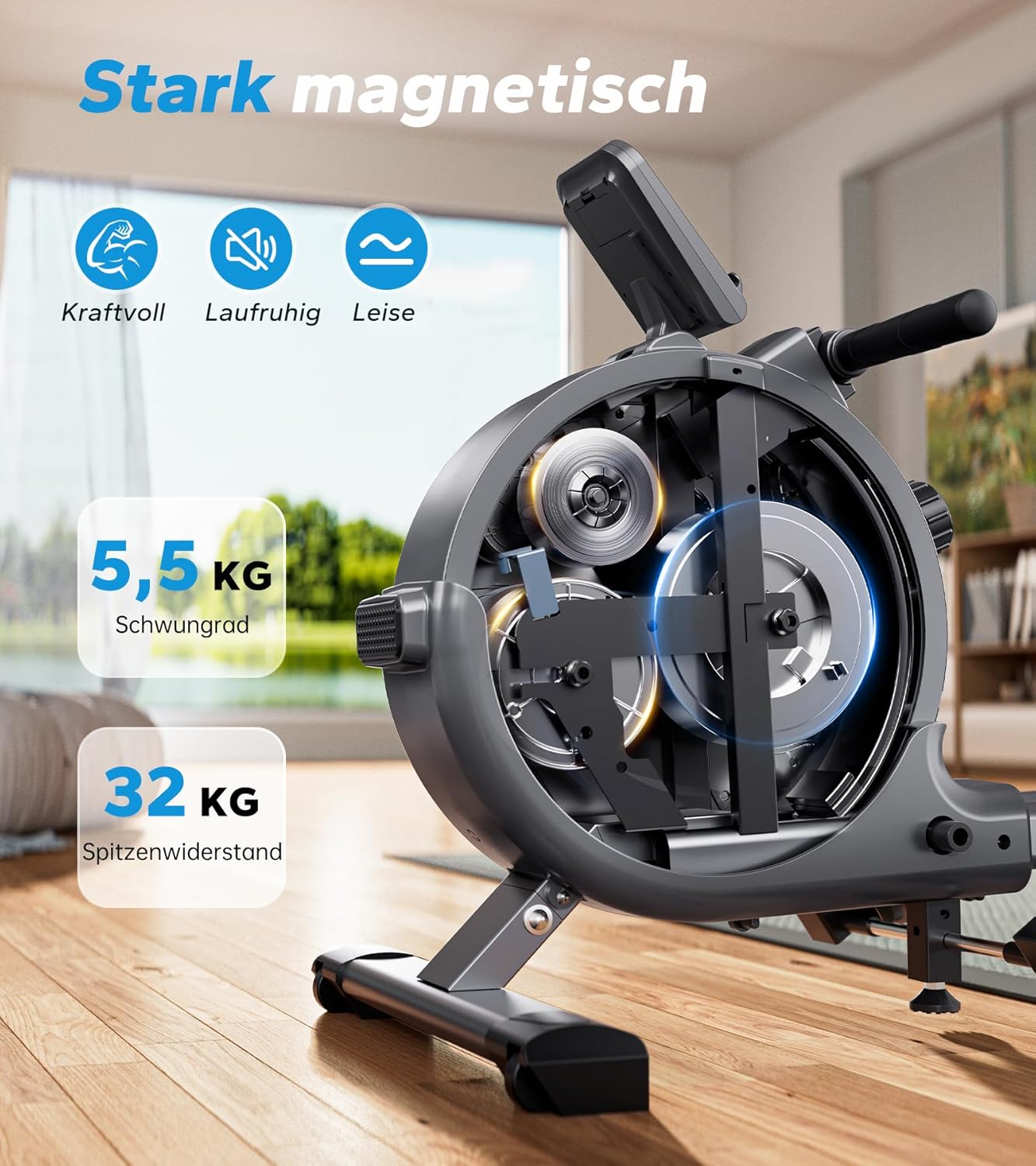 MERACH Rudergerät für Zuhause, Magnetisch, Bluetooth, 16 Widerstandsstufen, Doppel-Slide-Rails, 160KG Belastbarkeit