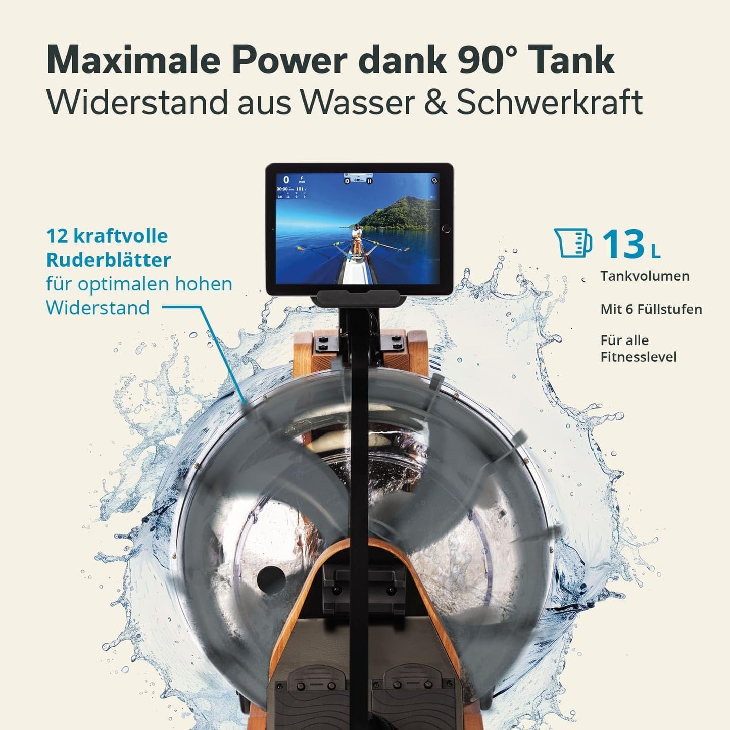 Skandika Wasserrudergerät Lykke, 90° Tank, Holz, Kinomap-kompatibel, Buchenholz, Wasserwiderstand