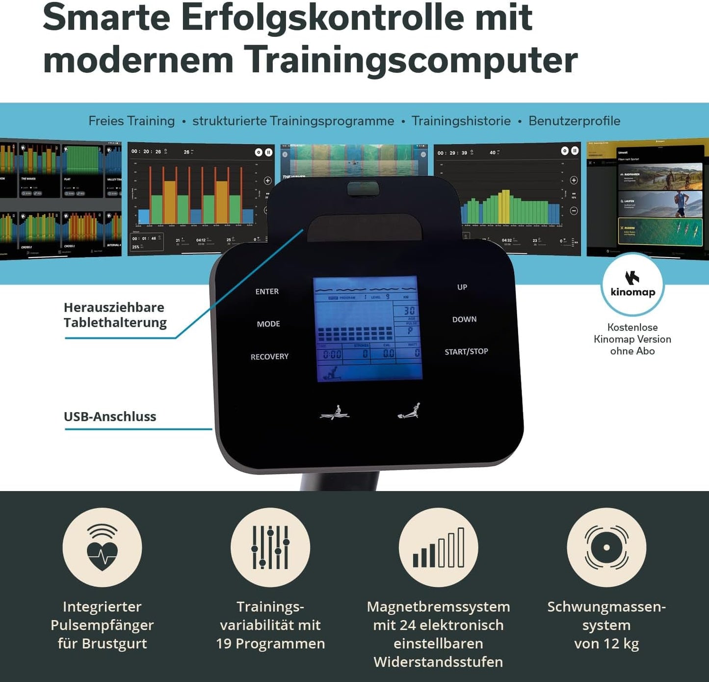 Skandika Rudergerät Freki, Studioqualität, 10 Stufen Magnetwiderstand, 8 kg Schwungmasse, Kinomap, bis 200 cm