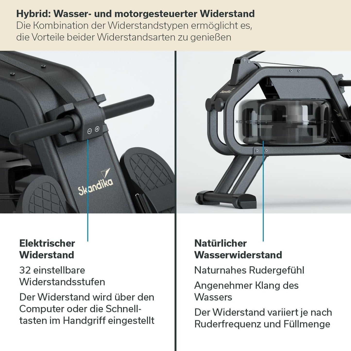 Skandika Rudergerät Nemo II/III, Wasser- & Magnetwiderstand, 32 Stufen, App-kompatibel, bis 200 cm, aufstellbar