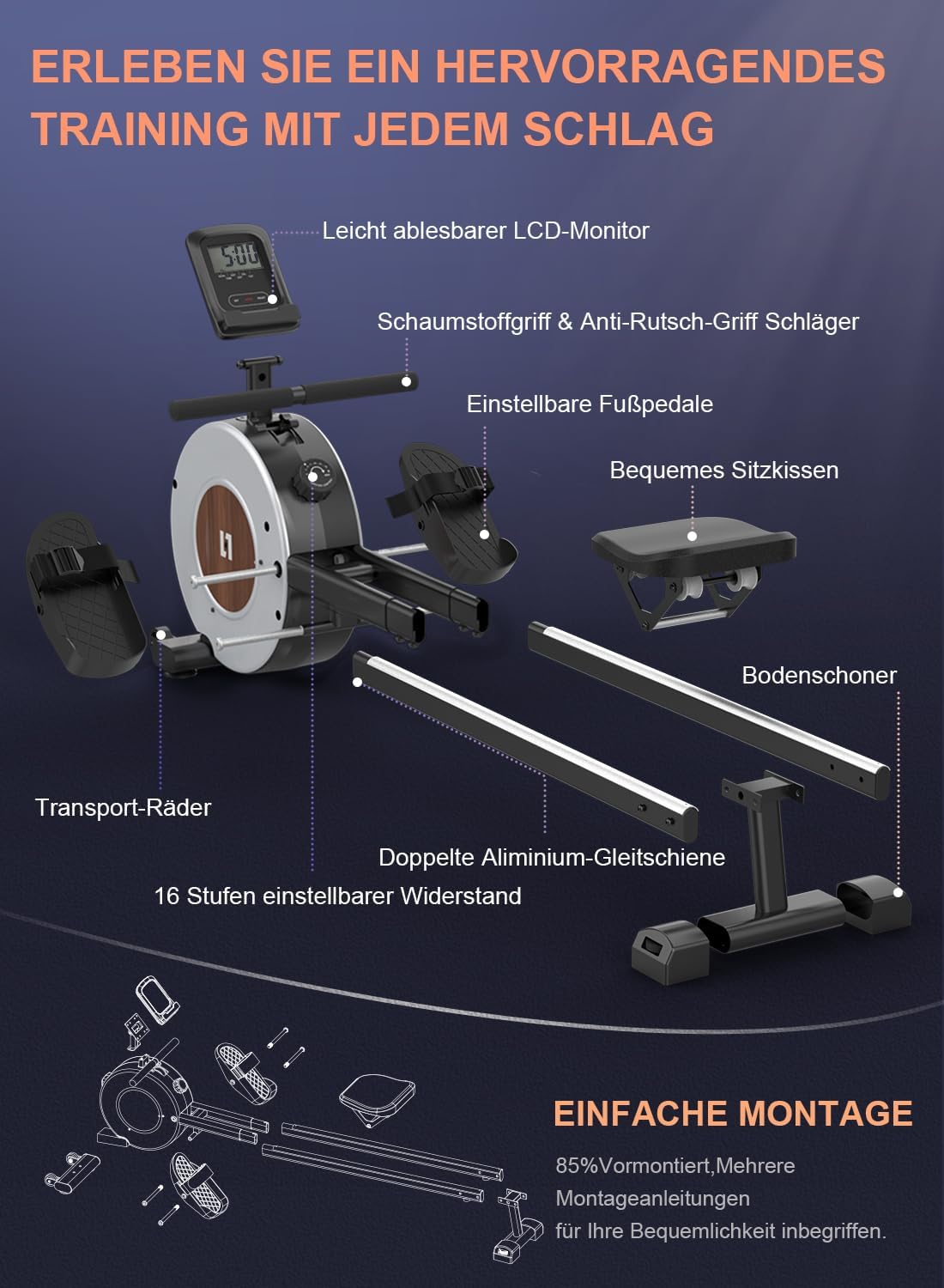 Magnetisches Rudergerät für Zuhause, 16 Widerstandsstufen, Doppel-Slide-Rails, LCD-Monitor, Leise, Vertikale Aufbewahrung