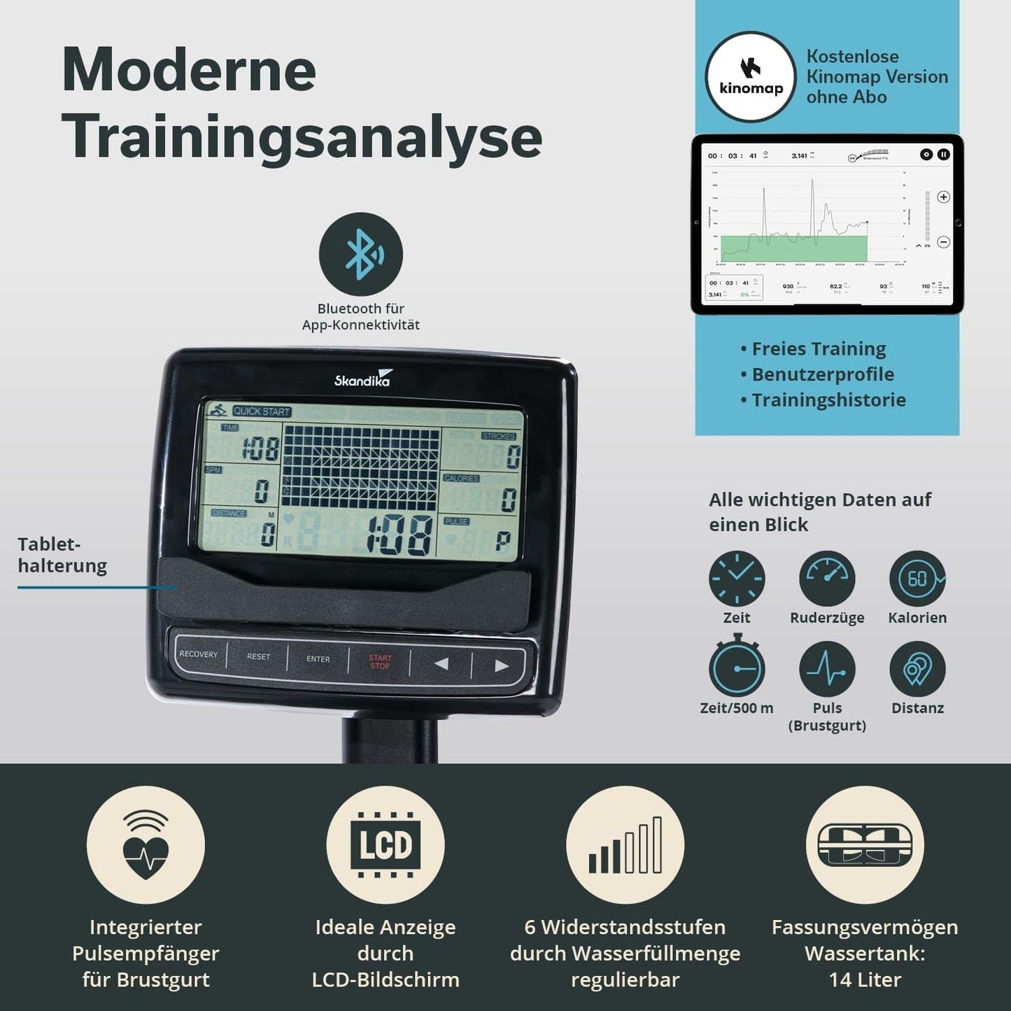 Skandika Wasserrudergerät Nemo IV, Studioqualität, TÜV Süd geprüft, Kinomap, Tablet-Halterung, Wasserwiderstand