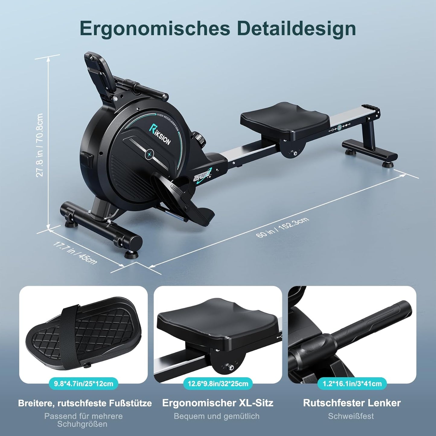 Riksion Rudergerät, Magnetisch, LCD-Display, Cardio-Training, 160 kg Belastbarkeit, vertikal verstaubar