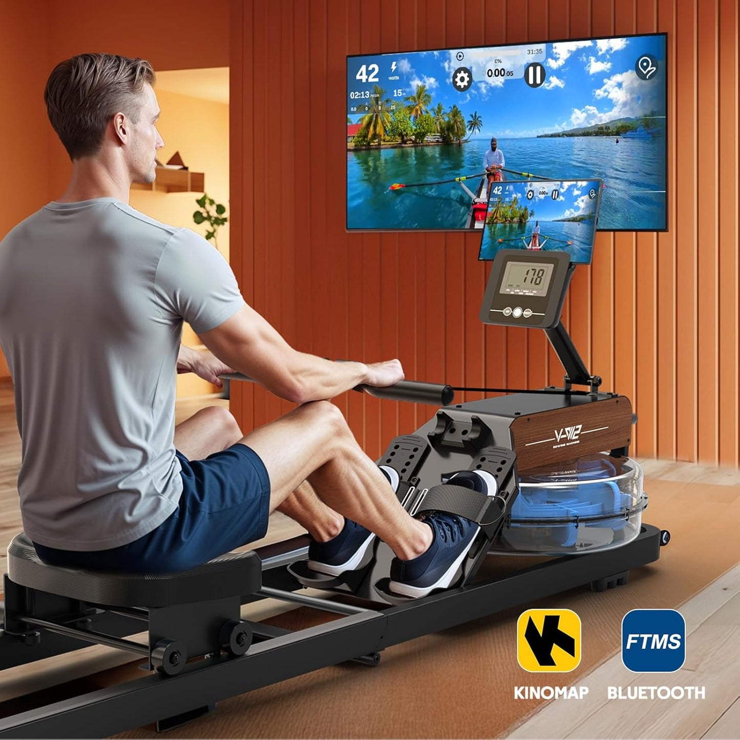 MettleMatic Rudergerät Klappbar, Bluetooth, Wasser, Verstellbarer Tablethalter, 98% Vormontiert, 160KG Belastbar