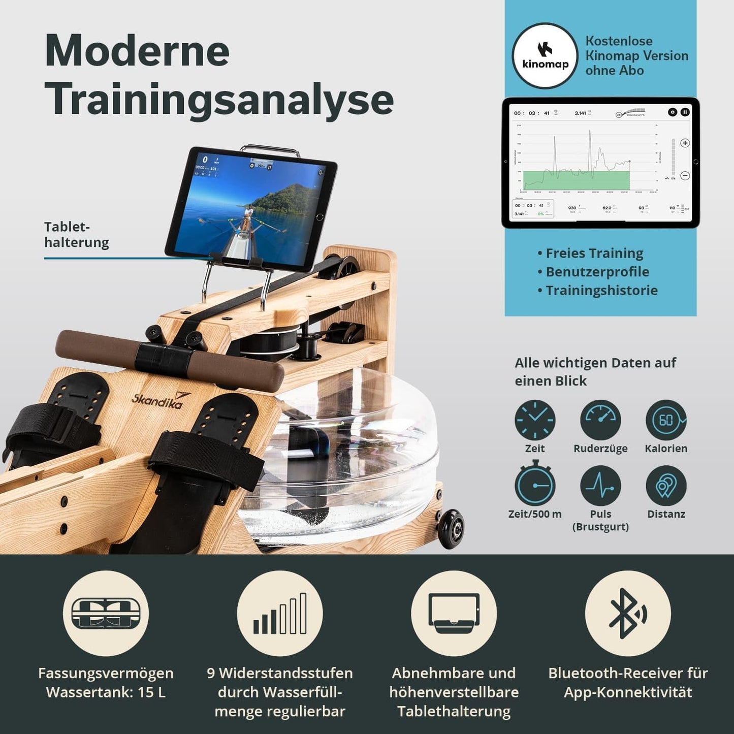 Skandika Wasserrudergerät Styrke Premium, Made in Germany, Holz, Kinomap, bis 180 kg, naturnahes Rudern