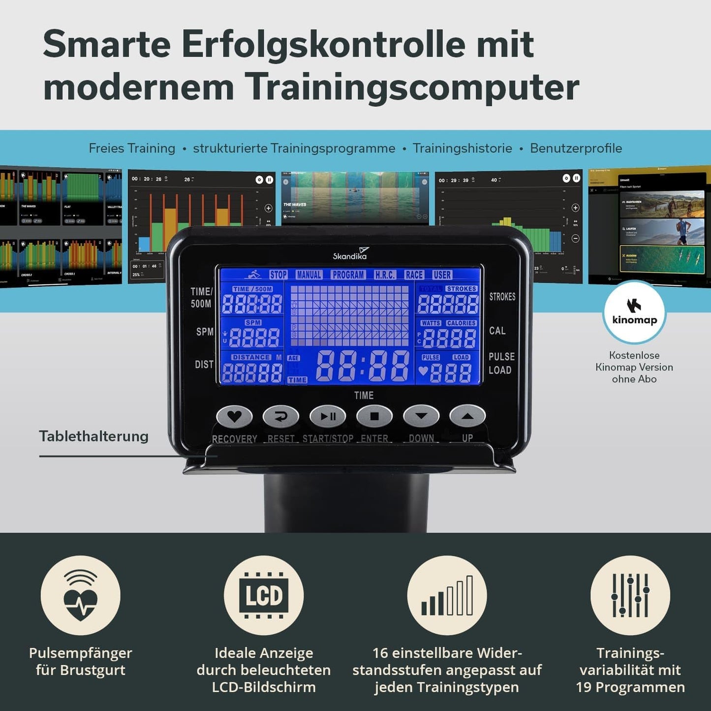 Skandika Rudergerät Njord, 16 Stufen, klappbar, 8 kg Schwungmasse, max. 180 kg, Kinomap, Bluetooth, Fitnessgerät