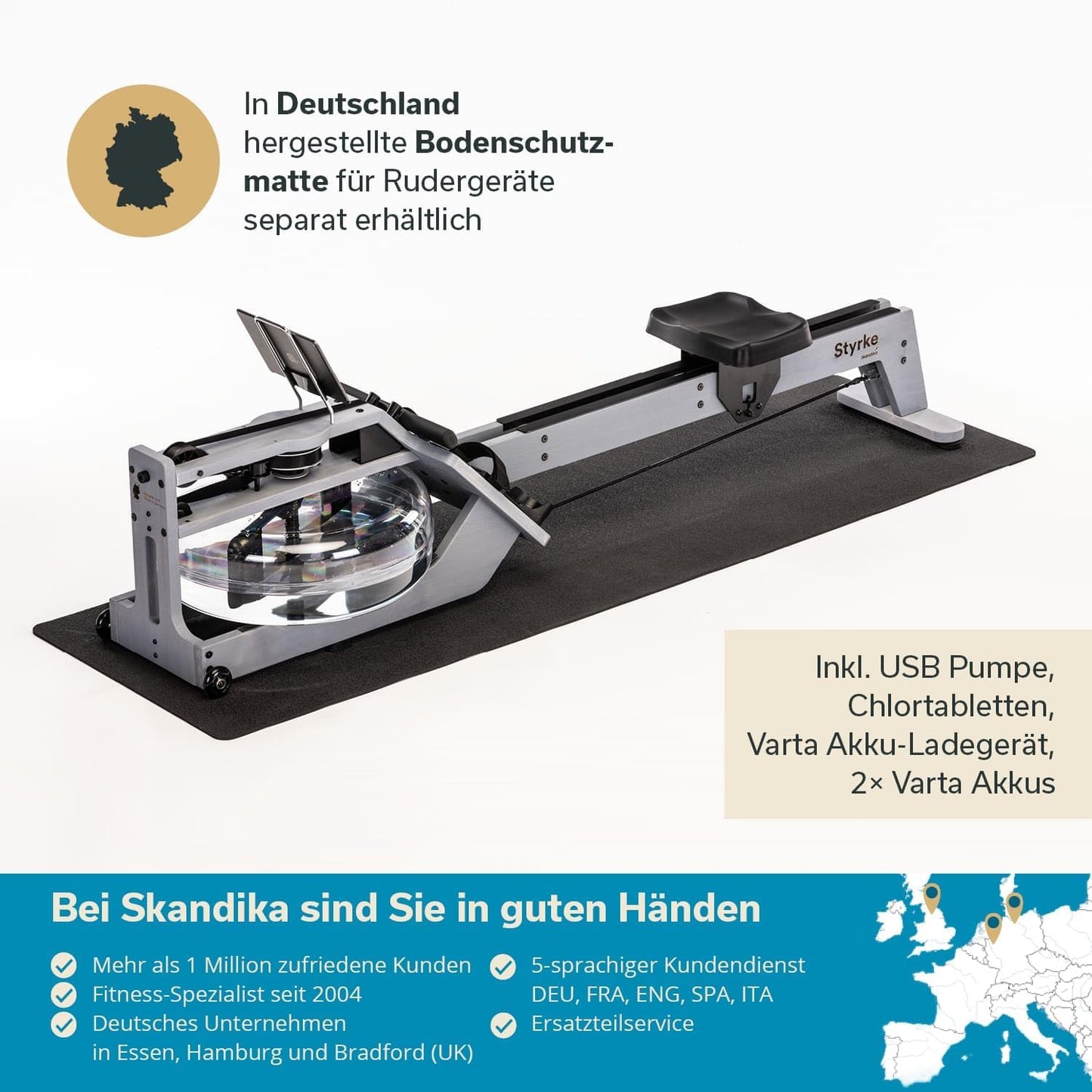 Skandika Wasserrudergerät Styrke Premium, Made in Germany, Holz, Kinomap, bis 180 kg, naturnahes Rudern