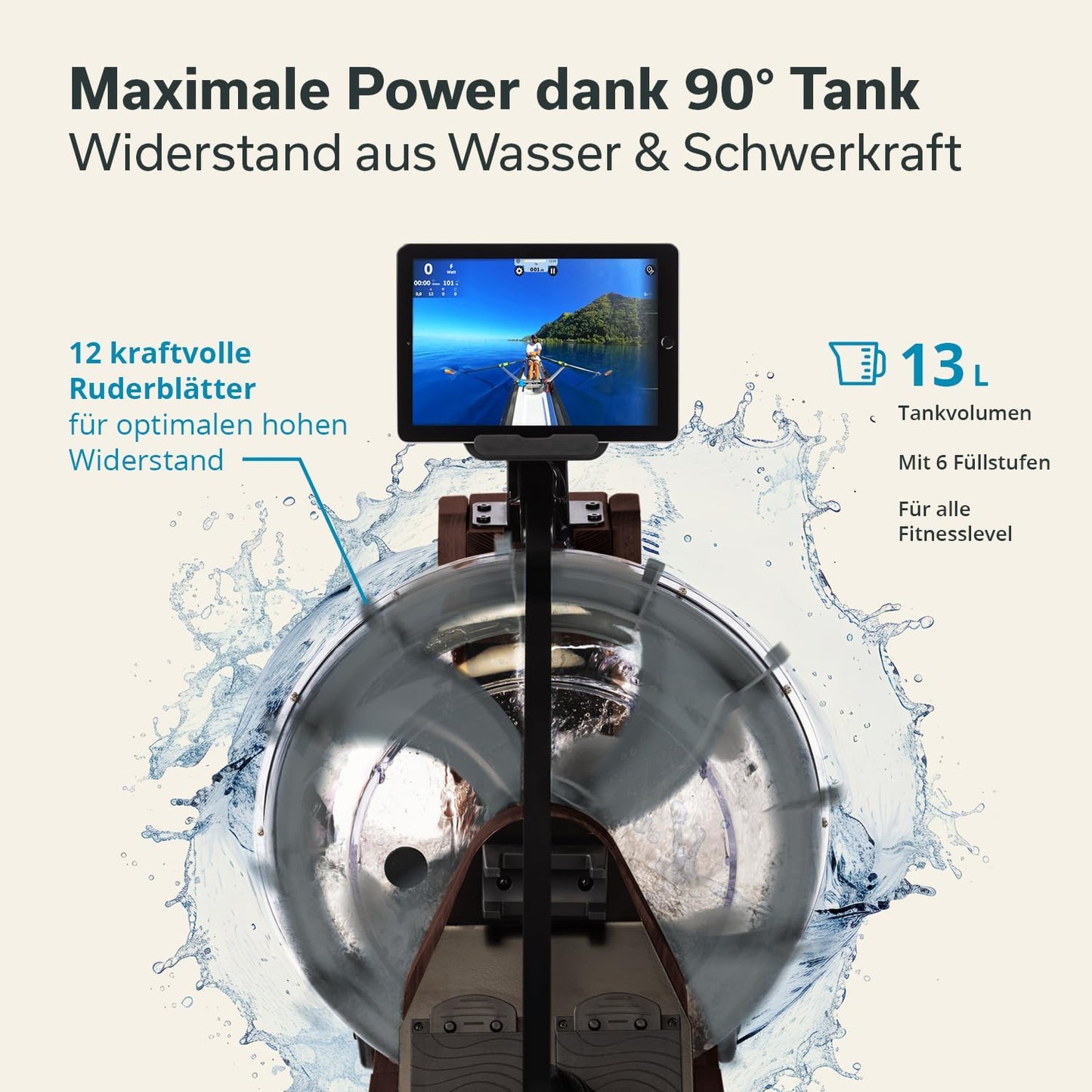 Skandika Wasserrudergerät Lykke, 90° Tank, Holz, Kinomap-kompatibel, Buchenholz, Wasserwiderstand