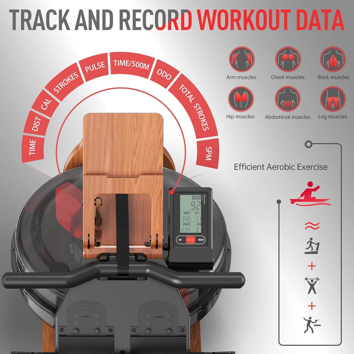 JOROTO Rudergerät Eiche, Wasser, Klappbar, Bluetooth Display, 30 Tage Kinomap, Verstellbarer Tablethalter, 150kg