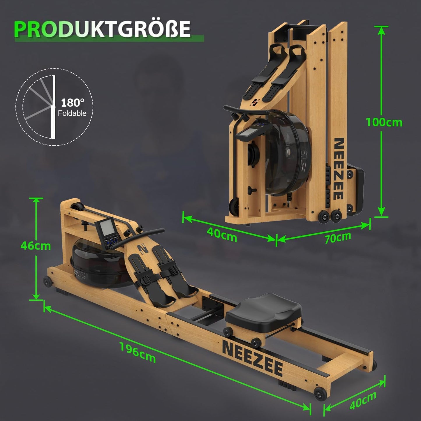 Neezee Wasser Rudergerät, Klappbar, Massivholz, Bluetooth Anzeige, Tablet-Halterung, 200KG Belastbar, Kinomap APP