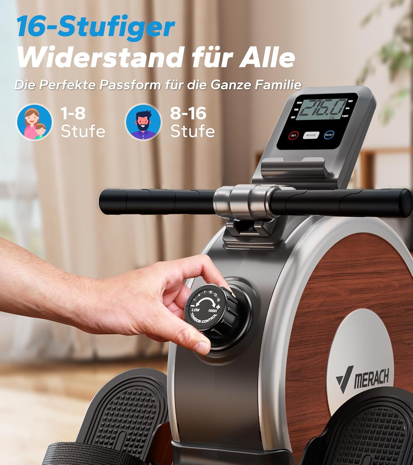 MERACH Rudergerät für Zuhause, Magnetisch, Bluetooth, 16 Widerstandsstufen, Doppel-Slide-Rails, 160KG Belastbarkeit