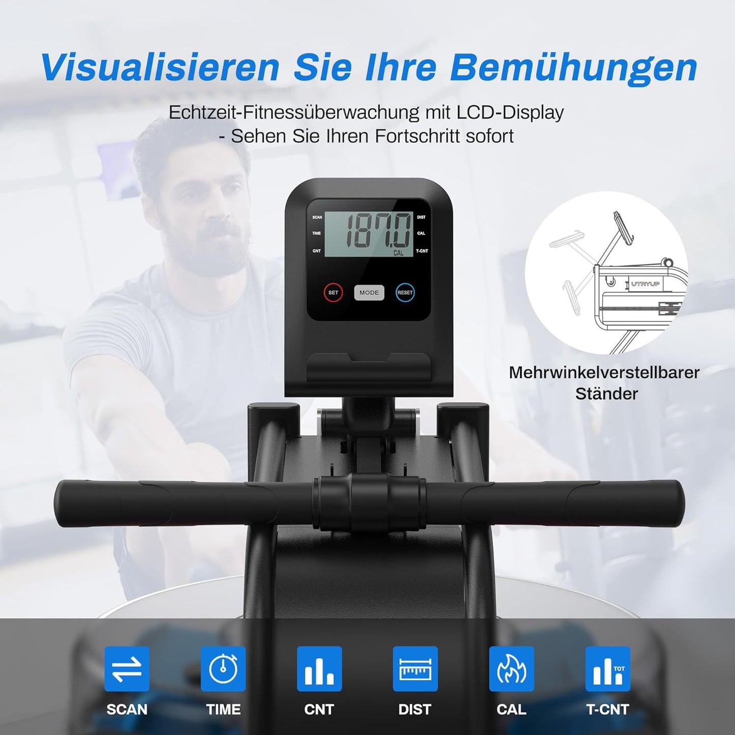 MERACH Wasserrudergerät für Zuhause, 150kg, Bluetooth, iPad-Halterung, Bequemes Sitzkissen, Vertikale Aufbewahrung