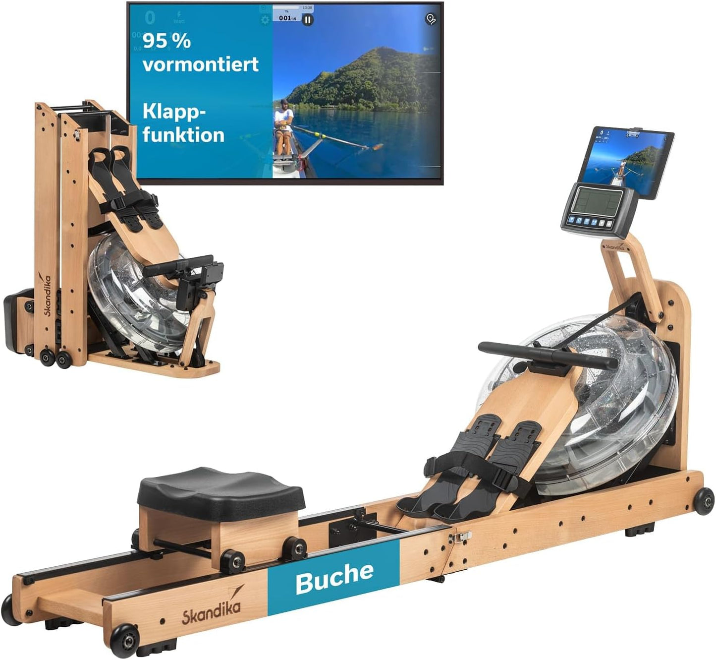 Skandika Wasserrudergerät Nytta, 45° Tank, Holz, klappbar, Kinomap-kompatibel, Wasserwiderstand