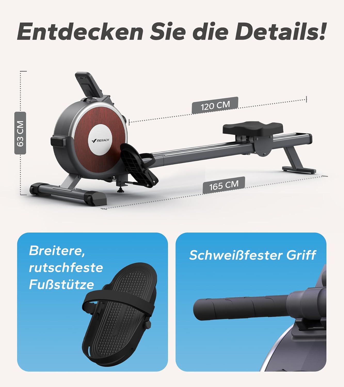 MERACH Rudergerät für Zuhause, Magnetisch, Bluetooth, 16 Widerstandsstufen, Doppel-Slide-Rails, 160KG Belastbarkeit