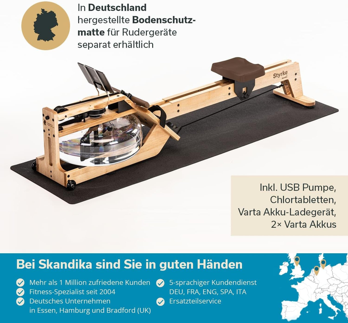 Skandika Wasserrudergerät Styrke Premium, Made in Germany, Holz, Kinomap, bis 180 kg, naturnahes Rudern