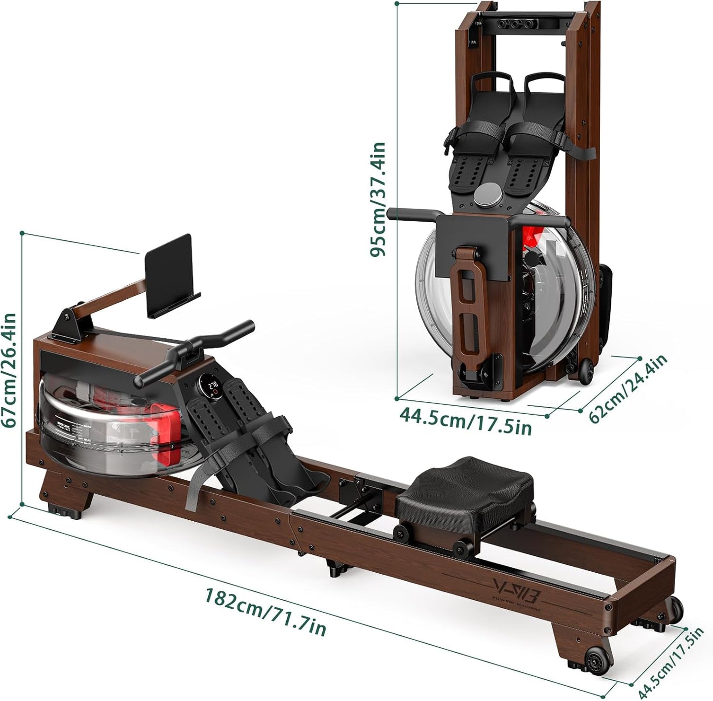 VOWVIT V-W3 Rudergerät Holz, Bluetooth, Wasser, Klappbar, 1,2m-2m Nutzergröße, 175kg Belastbar