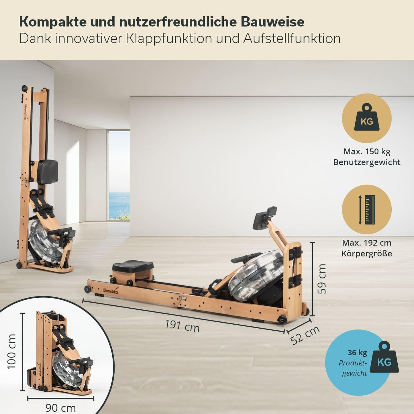 Skandika Wasserrudergerät Nytta, 45° Tank, Holz, klappbar, Kinomap-kompatibel, Wasserwiderstand