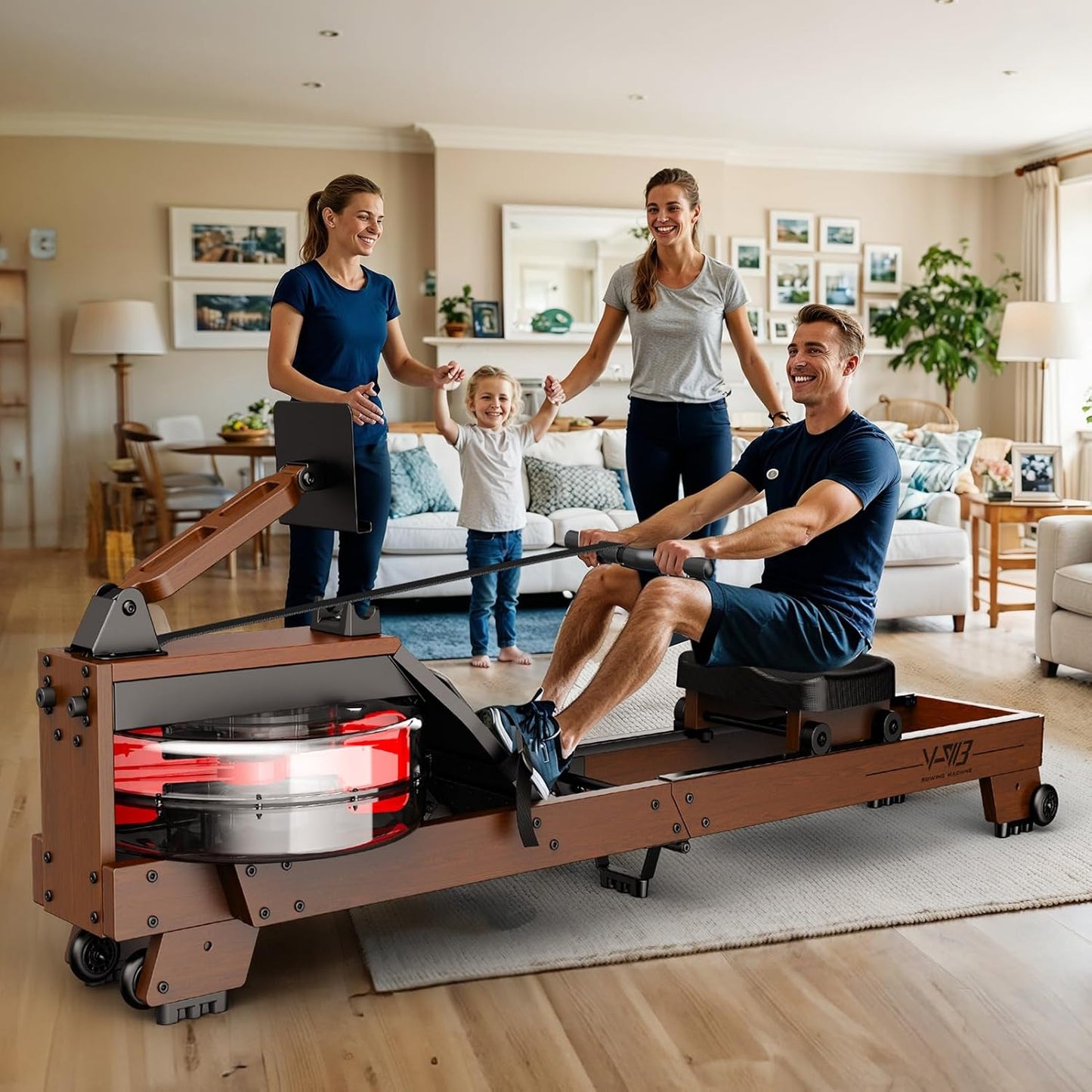 MettleMatic Rudergerät Eiche, Bluetooth Wasser, Großer Tablethalter, 175KG Belastbar, Nutzergröße bis 200cm