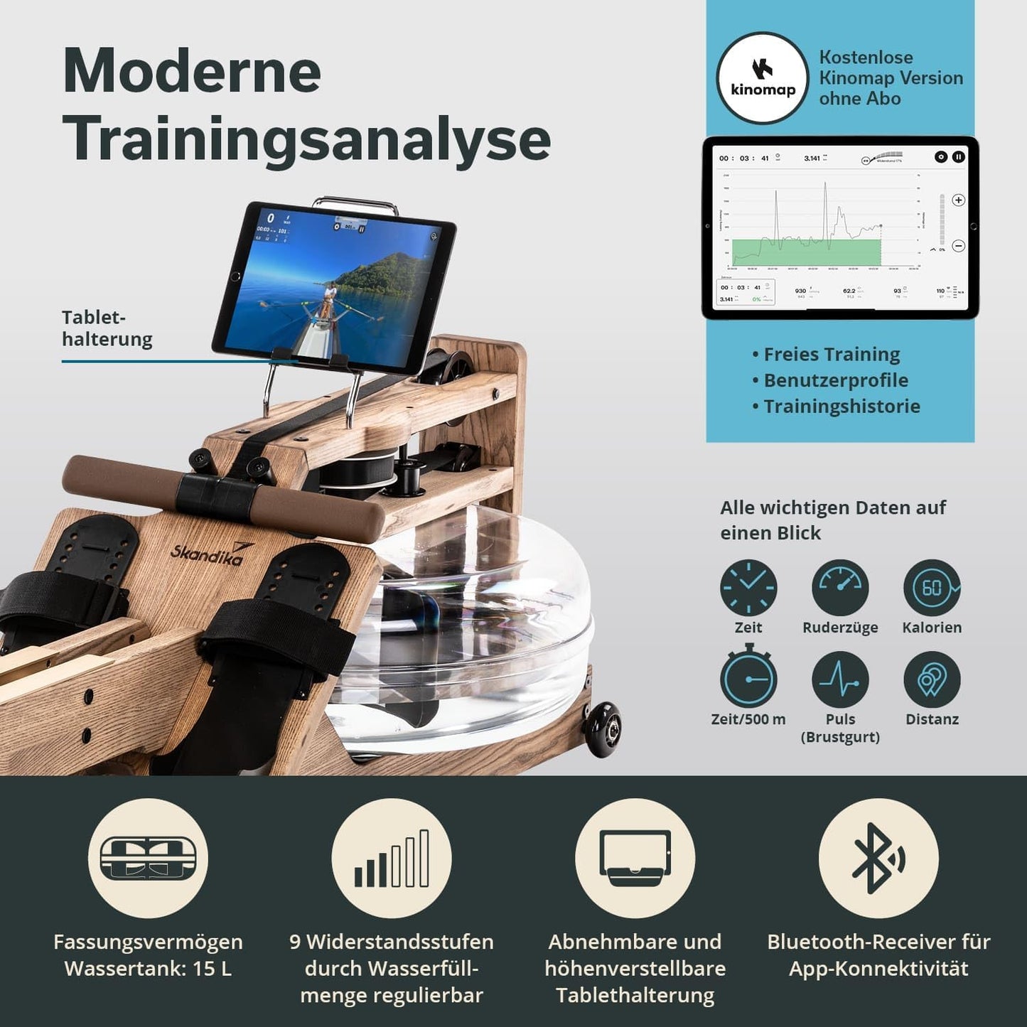Skandika Wasserrudergerät Styrke Premium, Made in Germany, Holz, Kinomap, bis 180 kg, naturnahes Rudern