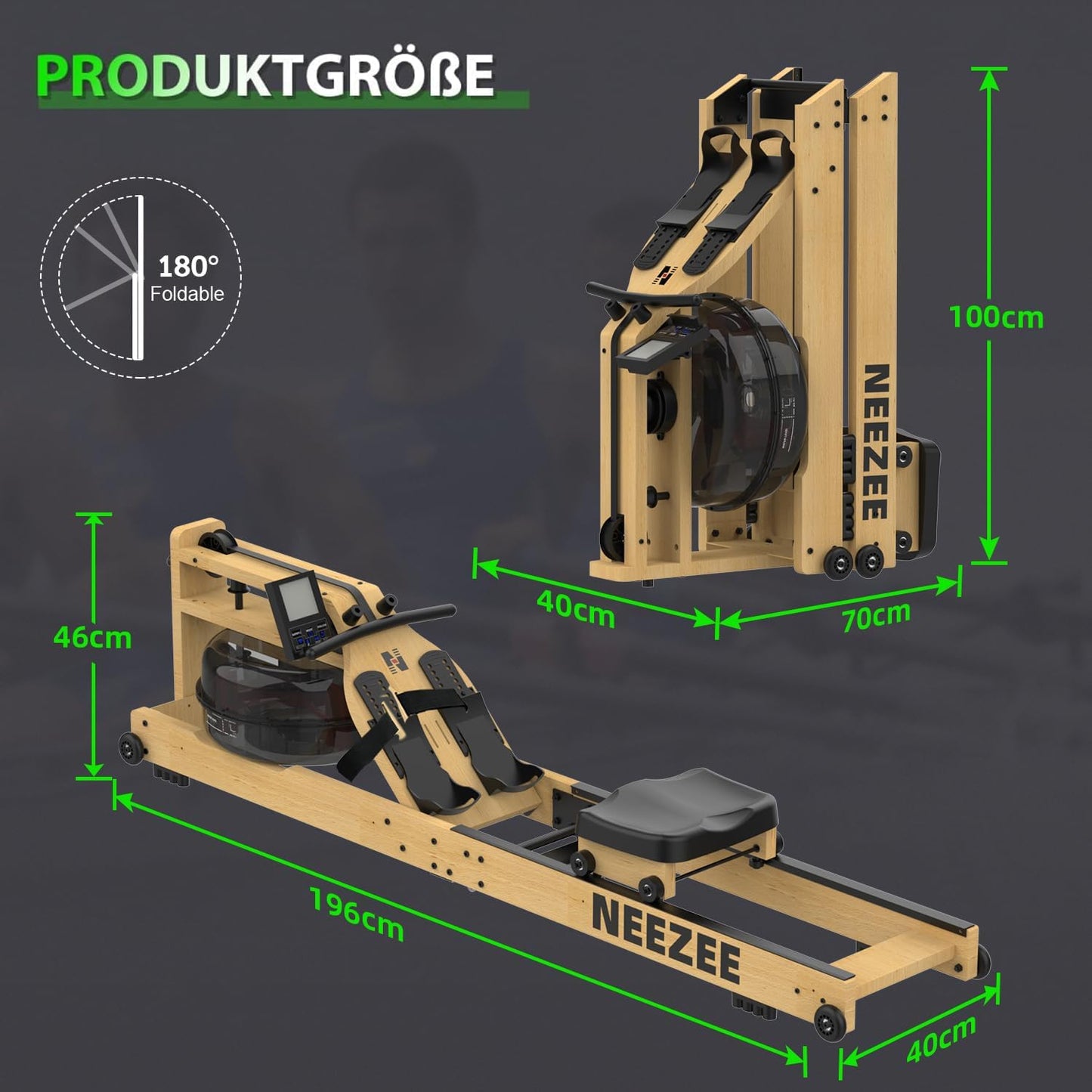 Neezee Wasser Rudergerät, Klappbar, Massivholz, Bluetooth Anzeige, Tablet-Halterung, 200KG Belastbar, Kinomap APP