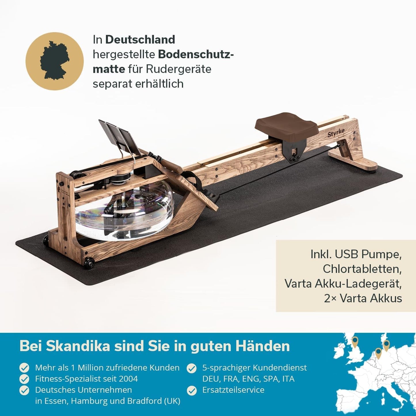 Skandika Wasserrudergerät Styrke Premium, Made in Germany, Holz, Kinomap, bis 180 kg, naturnahes Rudern