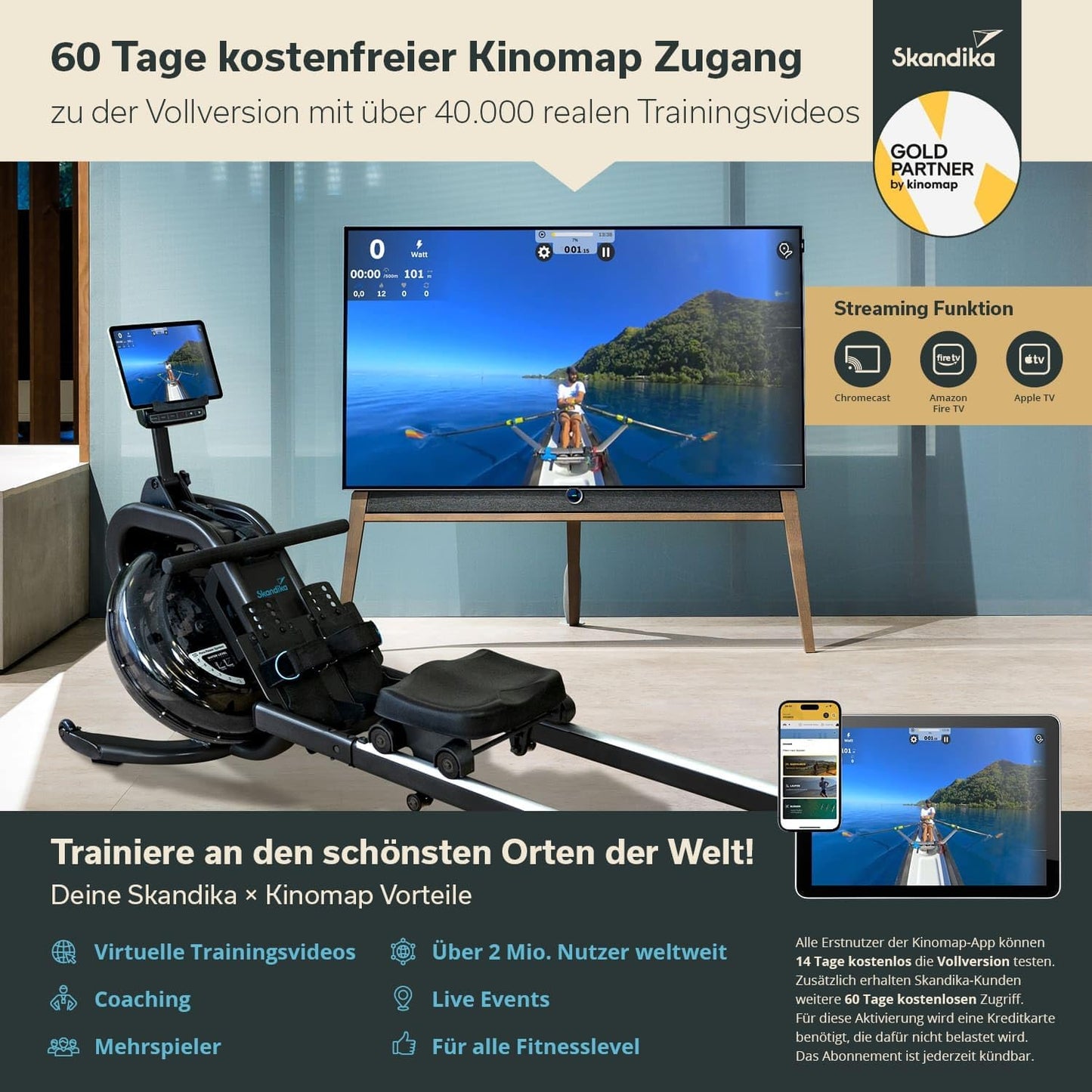 Skandika Wasserrudergerät Nemo IV, Studioqualität, TÜV Süd geprüft, Kinomap, Tablet-Halterung, Wasserwiderstand