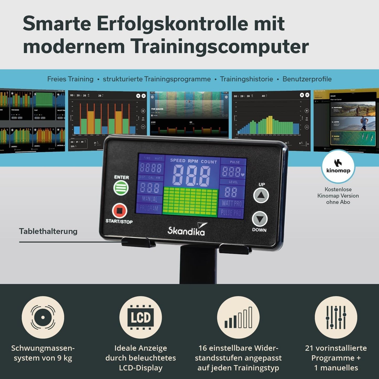 Skandika Rudergerät Nordlys, echtes Rudergefühl, Kinomap kompatibel, klappbar, 16 Stufen, 21 Programme, Magnetbremse