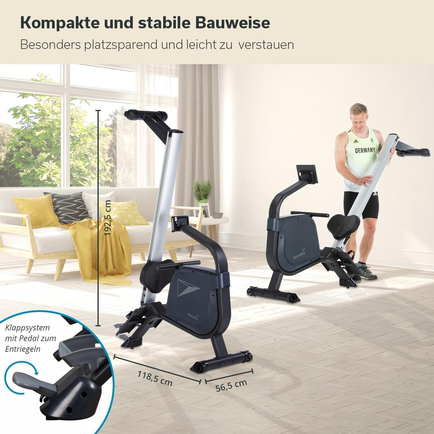 Skandika Rudergerät Njord, 16 Stufen, klappbar, 8 kg Schwungmasse, max. 180 kg, Kinomap, Bluetooth, Fitnessgerät