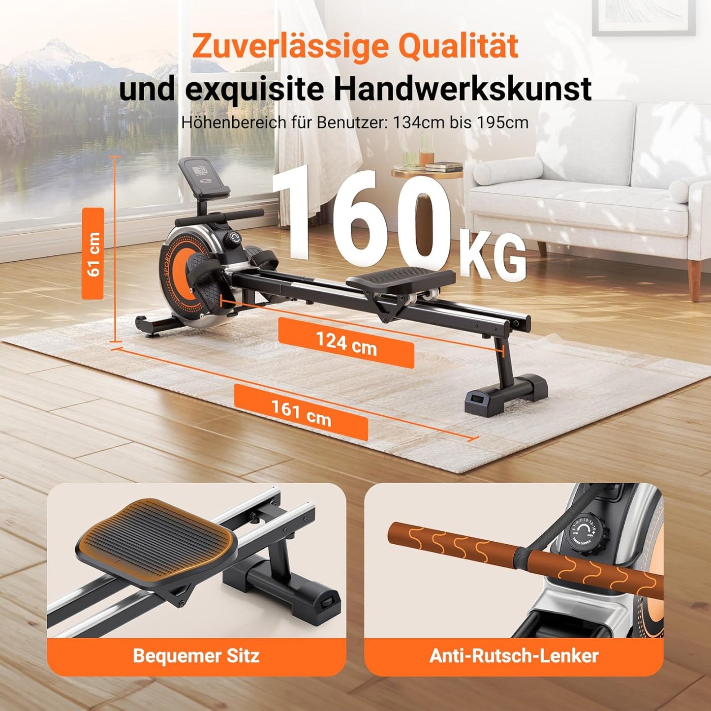 Dripex Rudergerät für Zuhause, 160KG Tragfähigkeit, Magnetisch, 16 Widerstandsstufen, Dual Slide Rail, Bluetooth, LCD