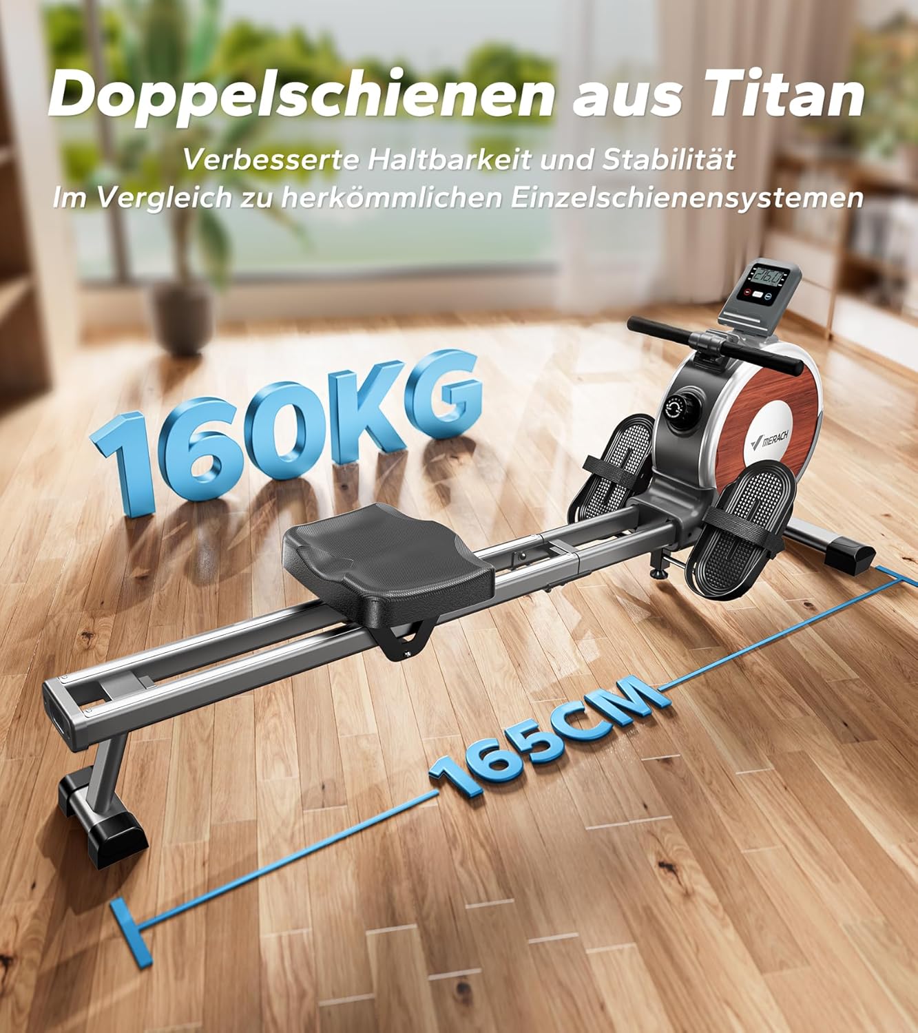 MERACH Rudergerät für Zuhause, Magnetisch, Bluetooth, 16 Widerstandsstufen, Doppel-Slide-Rails, 160KG Belastbarkeit