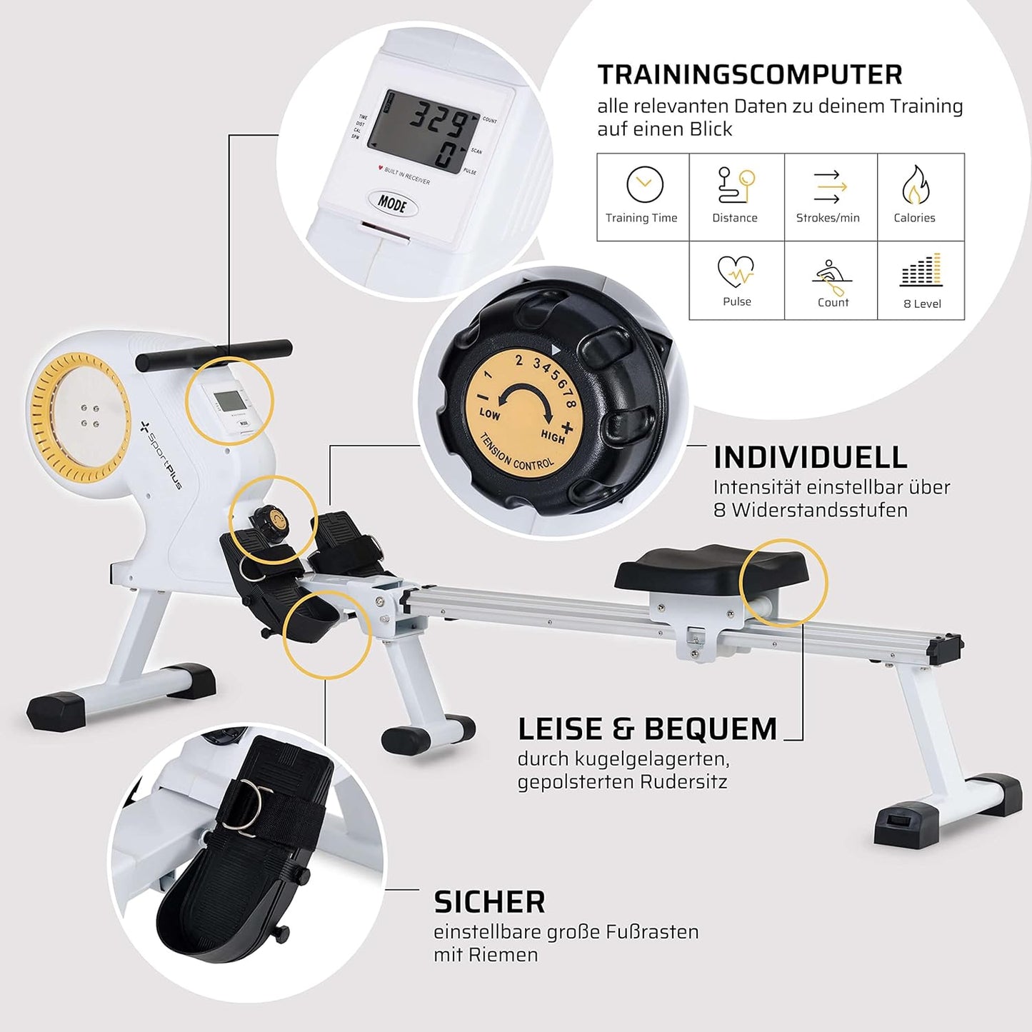 SportPlus Rudergerät klappbar, 8 Widerstandsstufen, leises Magnetbremssystem, bis 150kg