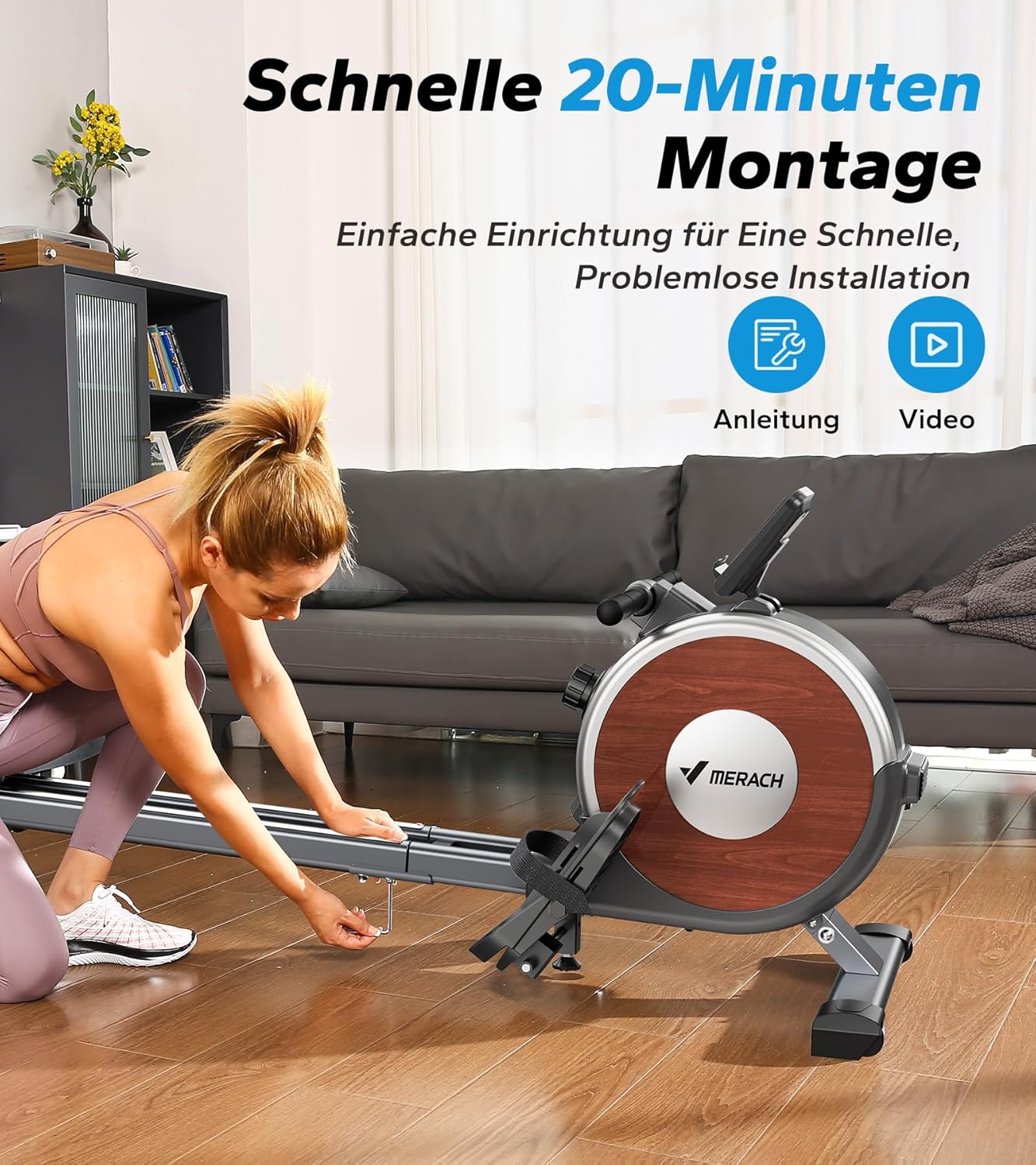 MERACH Rudergerät für Zuhause, Magnetisch, Bluetooth, 16 Widerstandsstufen, Doppel-Slide-Rails, 160KG Belastbarkeit