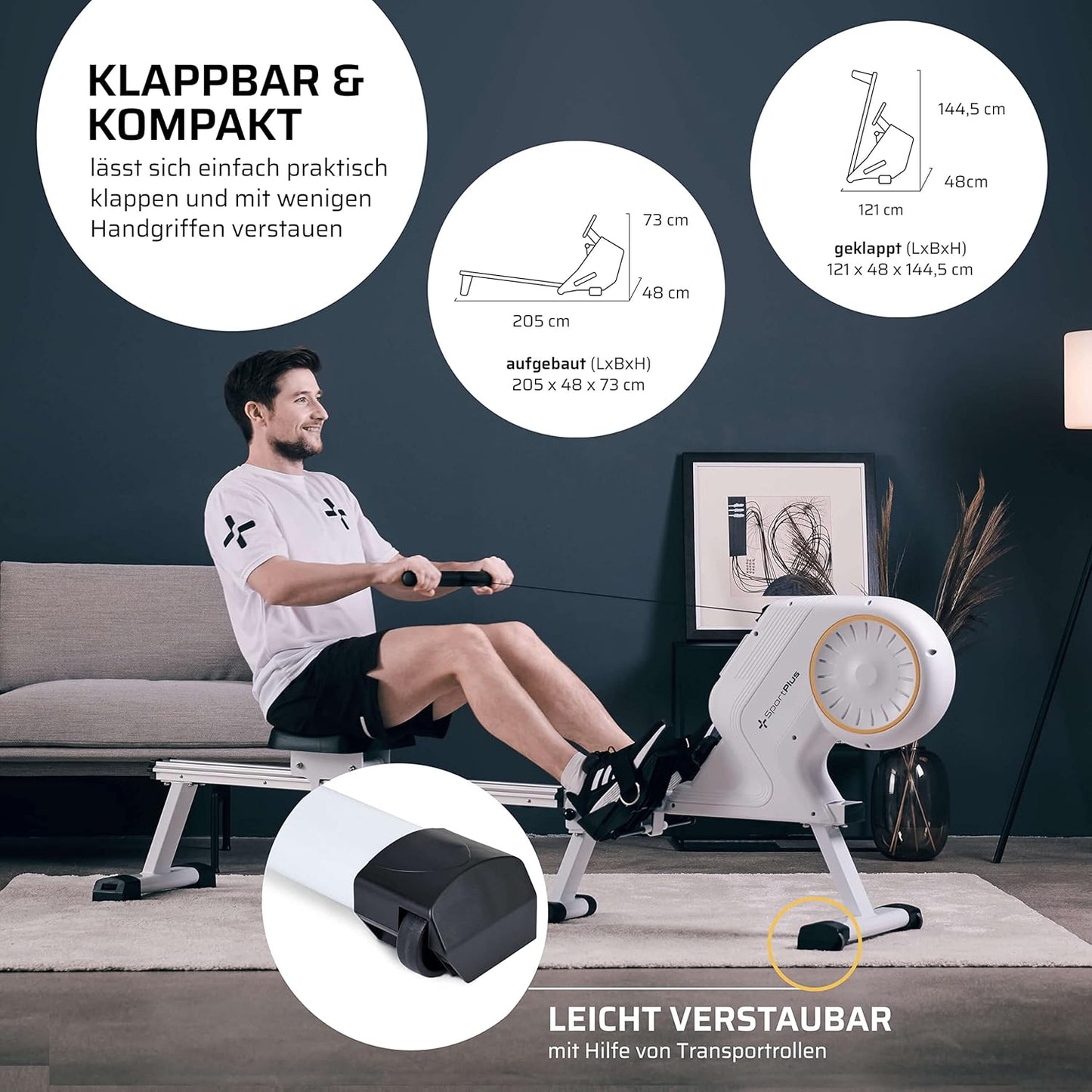 SportPlus Rudergerät klappbar, 8 Widerstandsstufen, leises Magnetbremssystem, bis 150kg