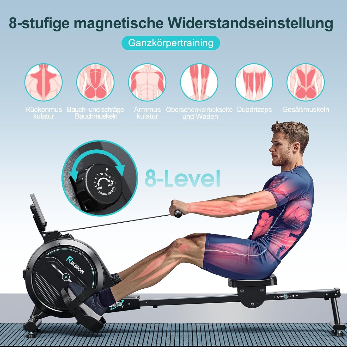 Riksion Rudergerät, Magnetisch, LCD-Display, Cardio-Training, 160 kg Belastbarkeit, vertikal verstaubar