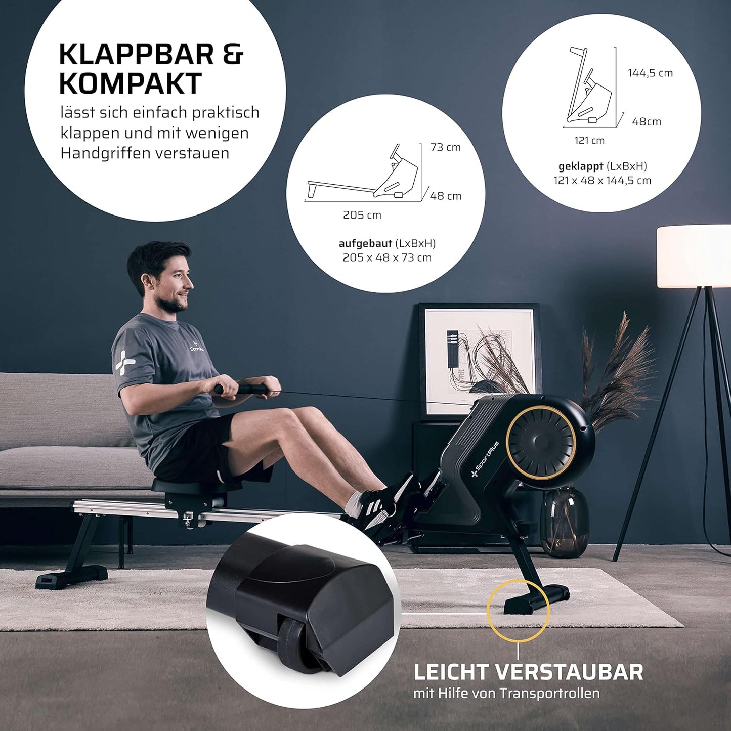 SportPlus Rudergerät klappbar, 8 Widerstandsstufen, leises Magnetbremssystem, bis 150kg