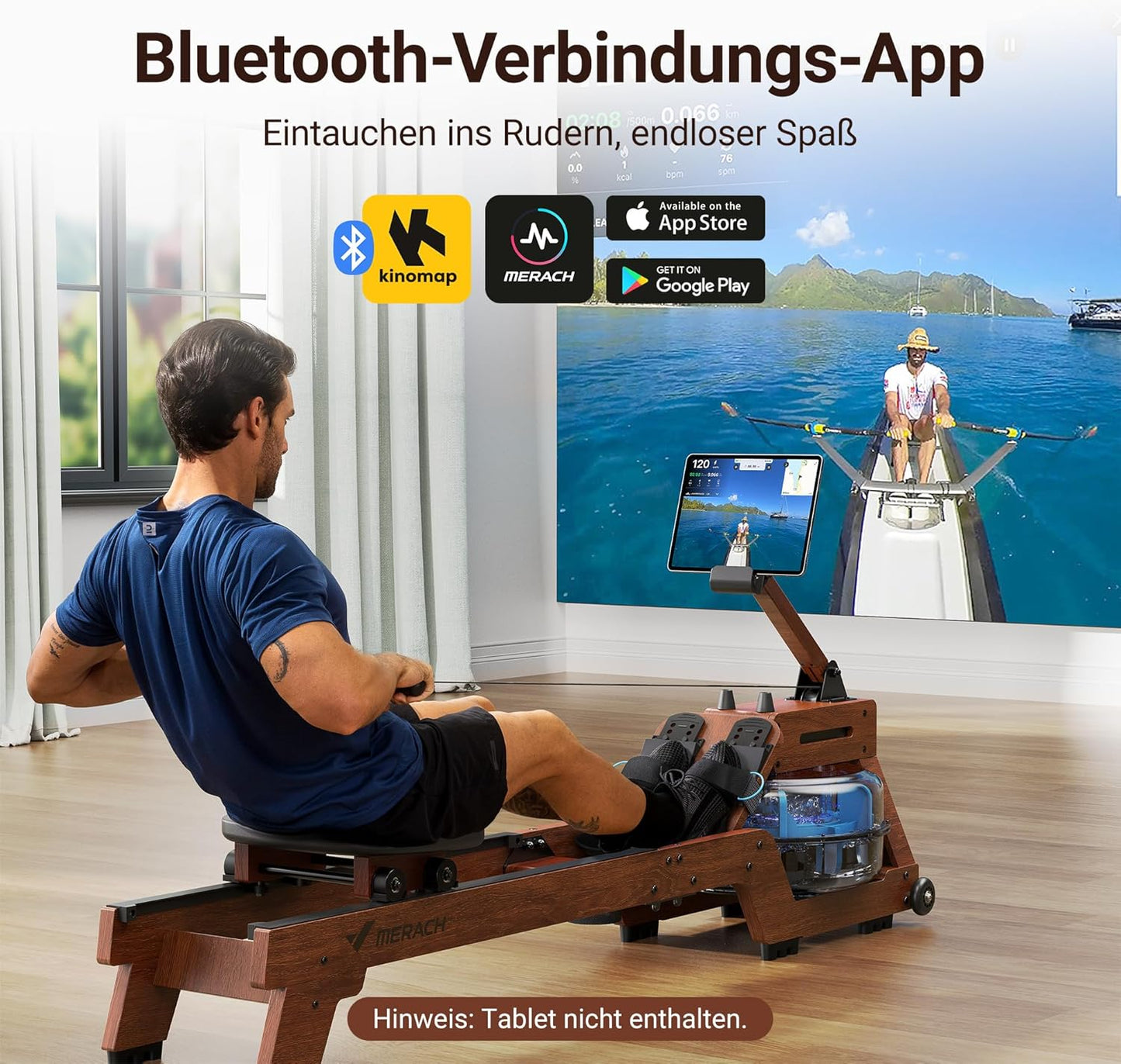 MERACH Wasser Rudergerät aus Massivholz, Bluetooth-Monitor, Tablet-Halterung, Ergonomischer Stuhl, 150kg Belastbar