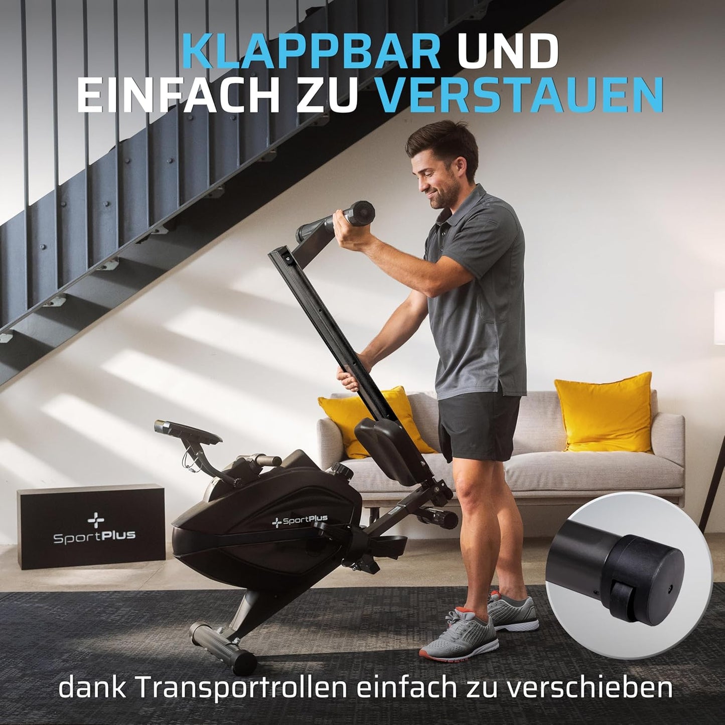 SportPlus Rudergerät klappbar, leises Magnetbremssystem, Heimtrainer bis 150kg, Indoor Fitness Home Gym