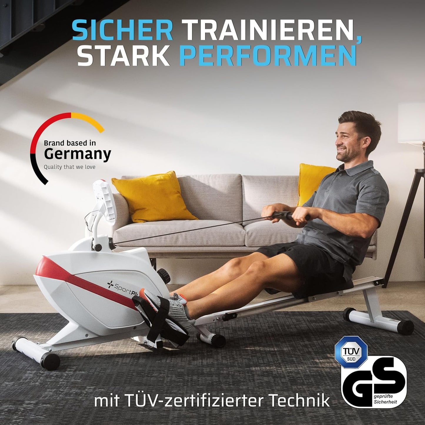 SportPlus Rudergerät klappbar, leises Magnetbremssystem, Heimtrainer bis 150kg, Indoor Fitness Home Gym