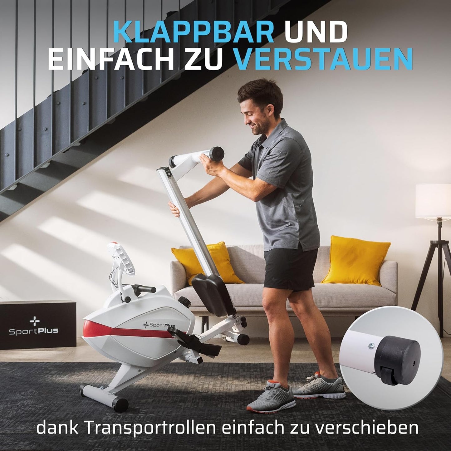 SportPlus Rudergerät klappbar, leises Magnetbremssystem, Heimtrainer bis 150kg, Indoor Fitness Home Gym