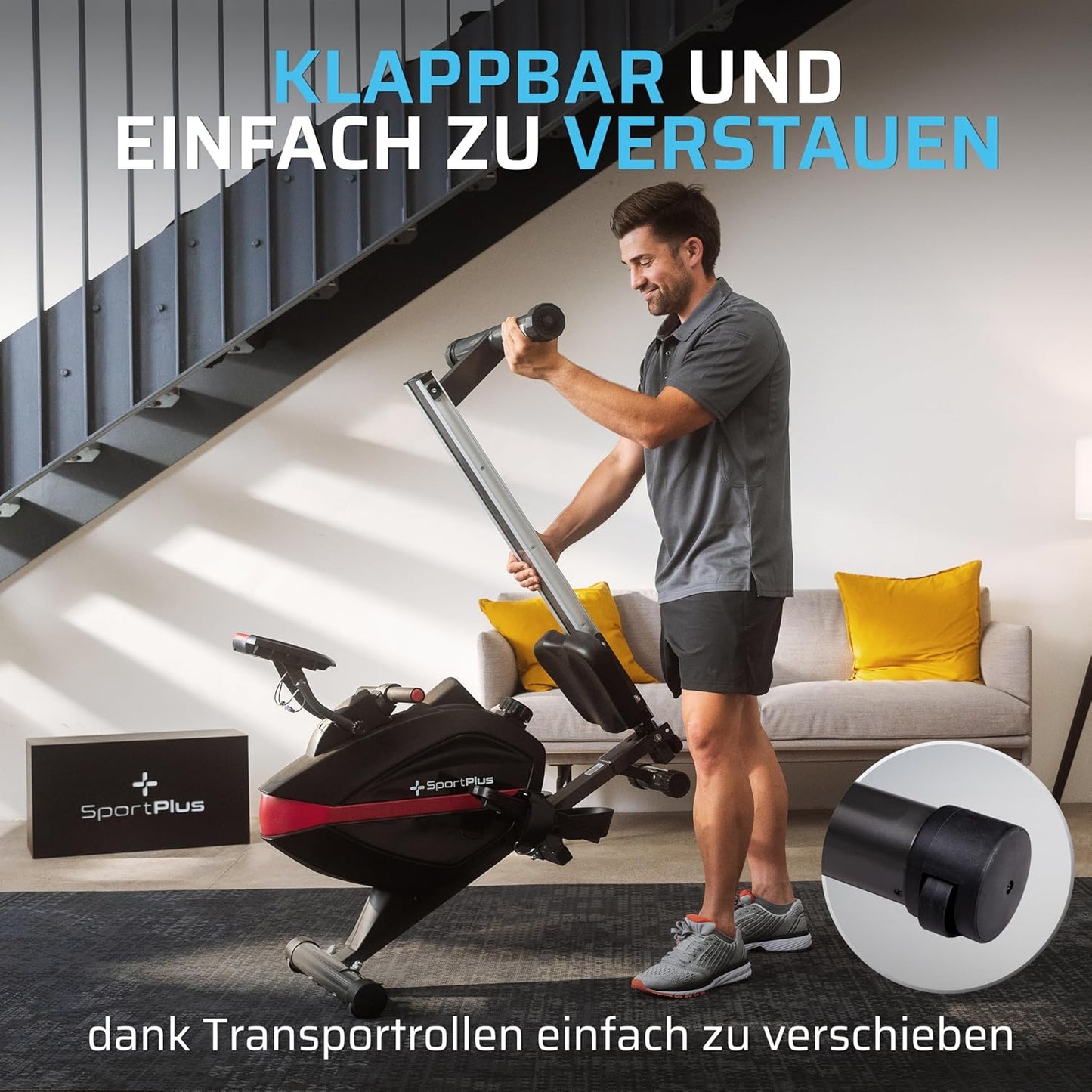 SportPlus Rudergerät klappbar, leises Magnetbremssystem, Heimtrainer bis 150kg, Indoor Fitness Home Gym